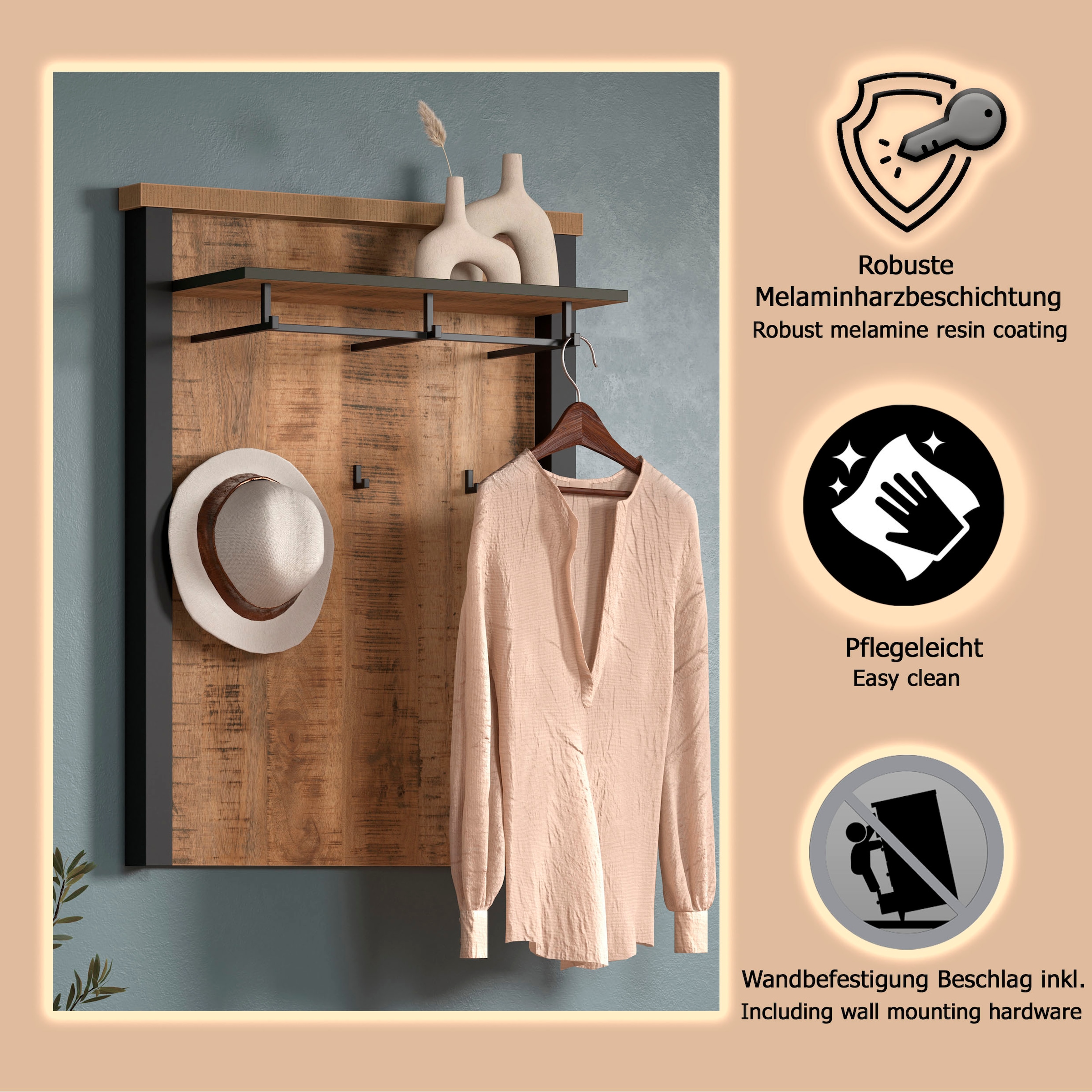 Home affaire Panneau de vestiaire »Elda« 1 cuis tlg. panneau mural avec étagère, 1 tringle à vêtements, 3 crochets – (L/P/H) 73/27/95 cm