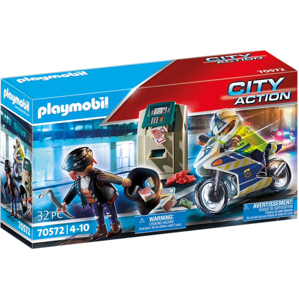 Playmobil® Konstruktions-Spielset »Polizei-Motorrad: Verfolgung des Geldräubers (70572), City Action«, (32 St.)