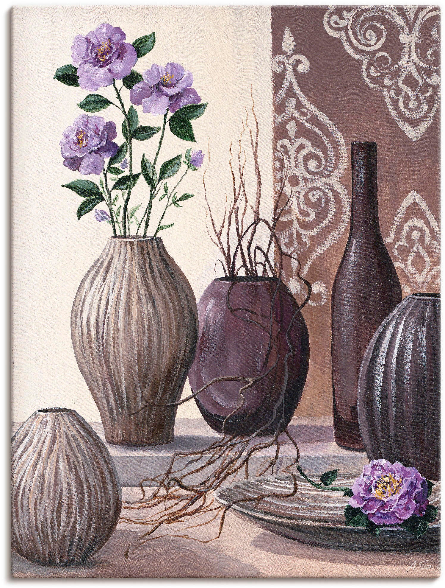 Image of Artland Leinwandbild "Violette Rosen und braune Vasen" Vasen & Töpfe 1 Stk. tlg. auf Holzrahmen gespannt
