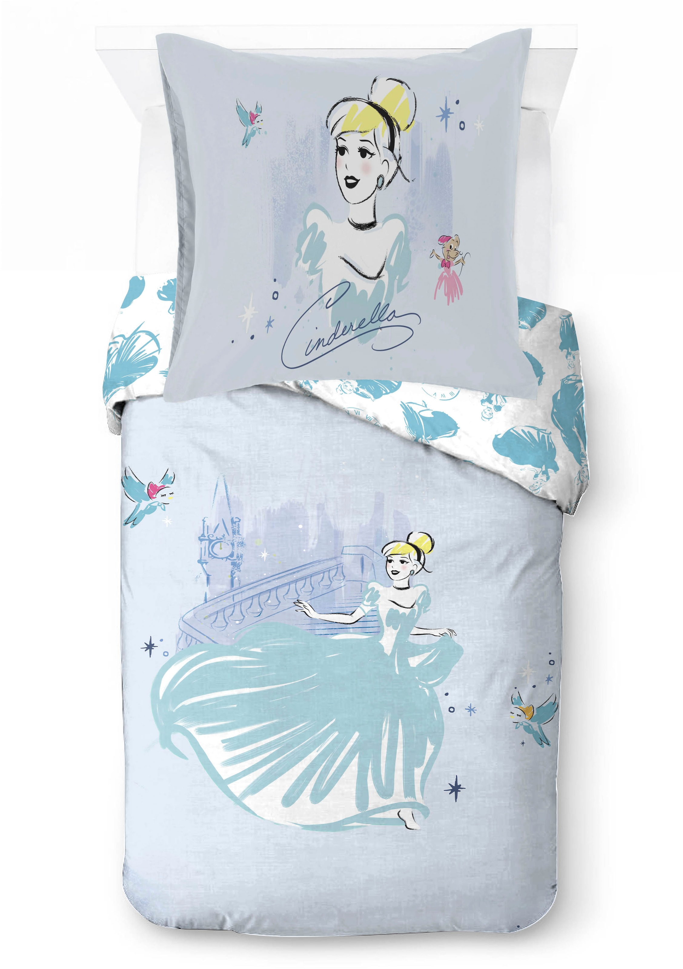 Image of Disney Kinderbettwäsche "Disney Cinderella Bettbezug-Set 135x200 cm + Kissenbezug 80x80 cm" 2 tlg. 100 % Baumwolle, maschinenwaschbar, wendbar
