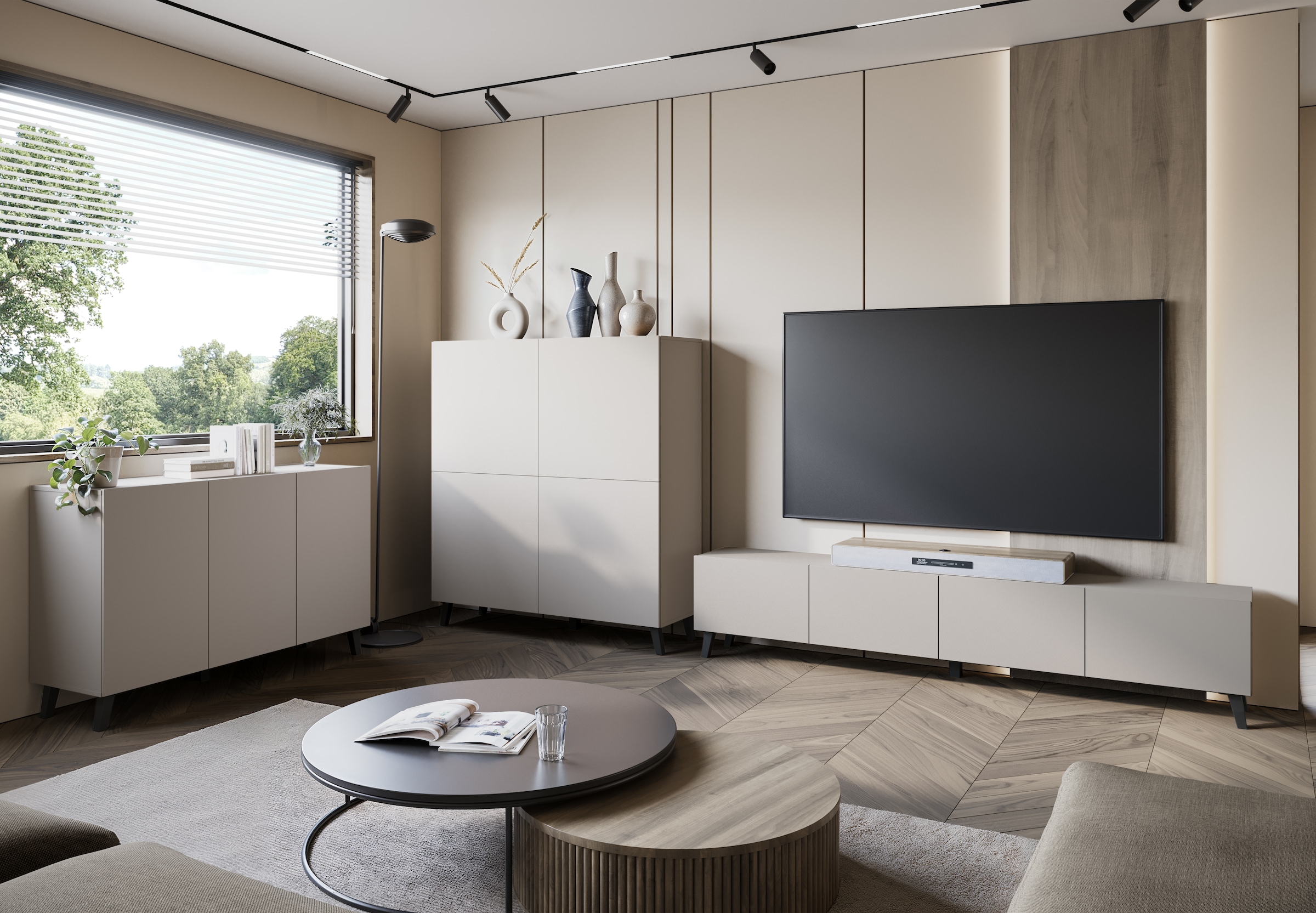 Home affaire Buffet haut »HIGHBOARD PHUKET II, Stilvolle, grifflose Hochkommode, Breite 120cm« Avec 4 portes et 8 compartiments avec étagères réglables en hauteur