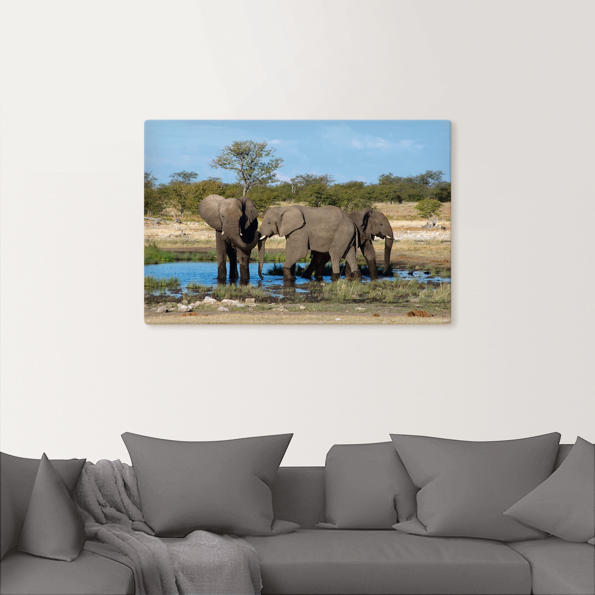 Elefant Alubild, Poster Wandaufkleber Bilder, St.), als versch. (1 kaufen EtoshaNationalpark«, »Afrikanischer bequem oder Grössen Leinwandbild, Elefanten in Wandbild Artland