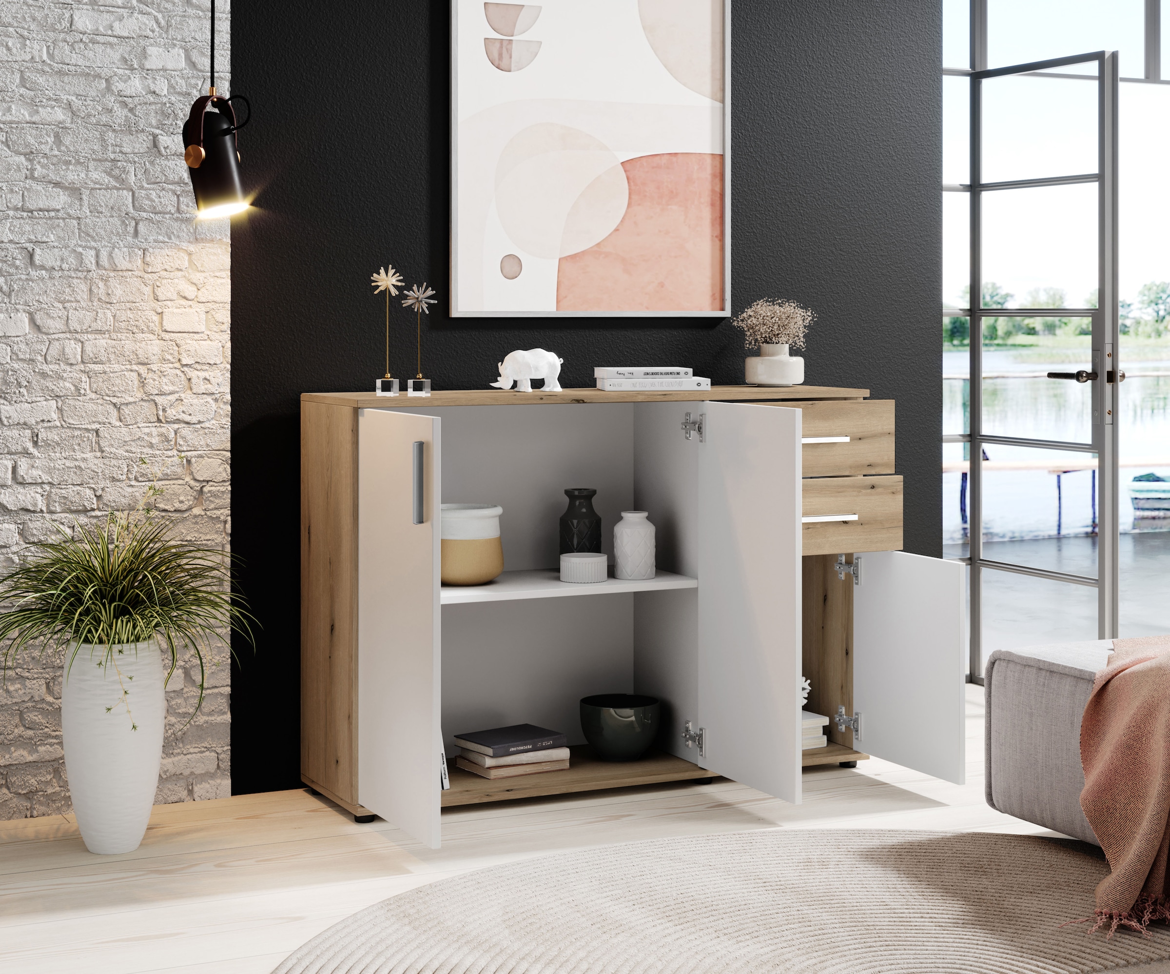 HBZ Kommode »BC-Drift-2, Sideboard Stellmass BxHxT 120x84x35 cm« 1 Stk. tlg. Kommode mit 3 Türen, 2 Schubkästen und 1 Einlegeboden
