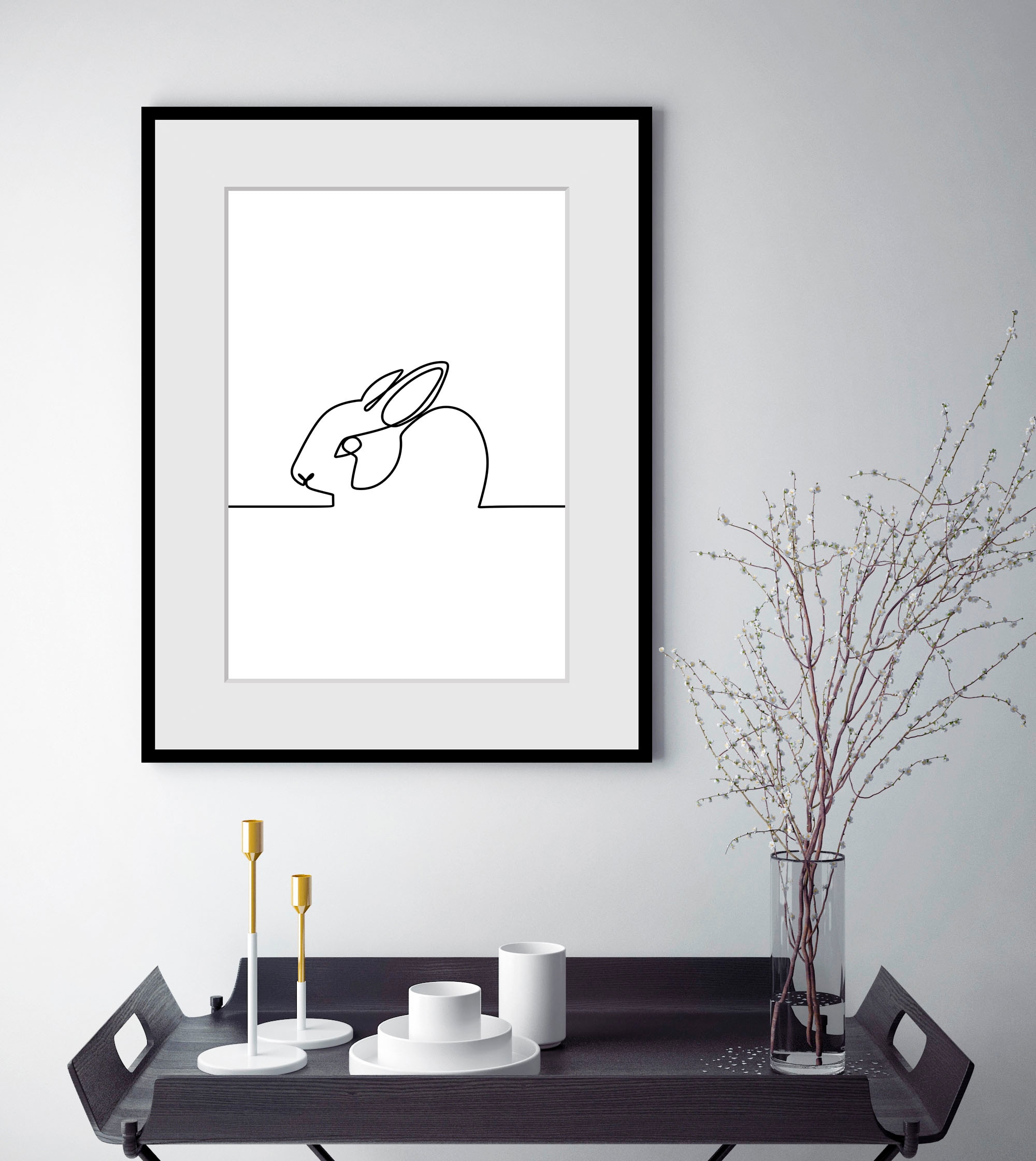queence Bild »Alicia«, Schwarz-Weiss-Kunst-Modern-Hase-Hasen-Haustiere, (1 St.), HD Premium Poster-Druck inkl. Holzrahmen