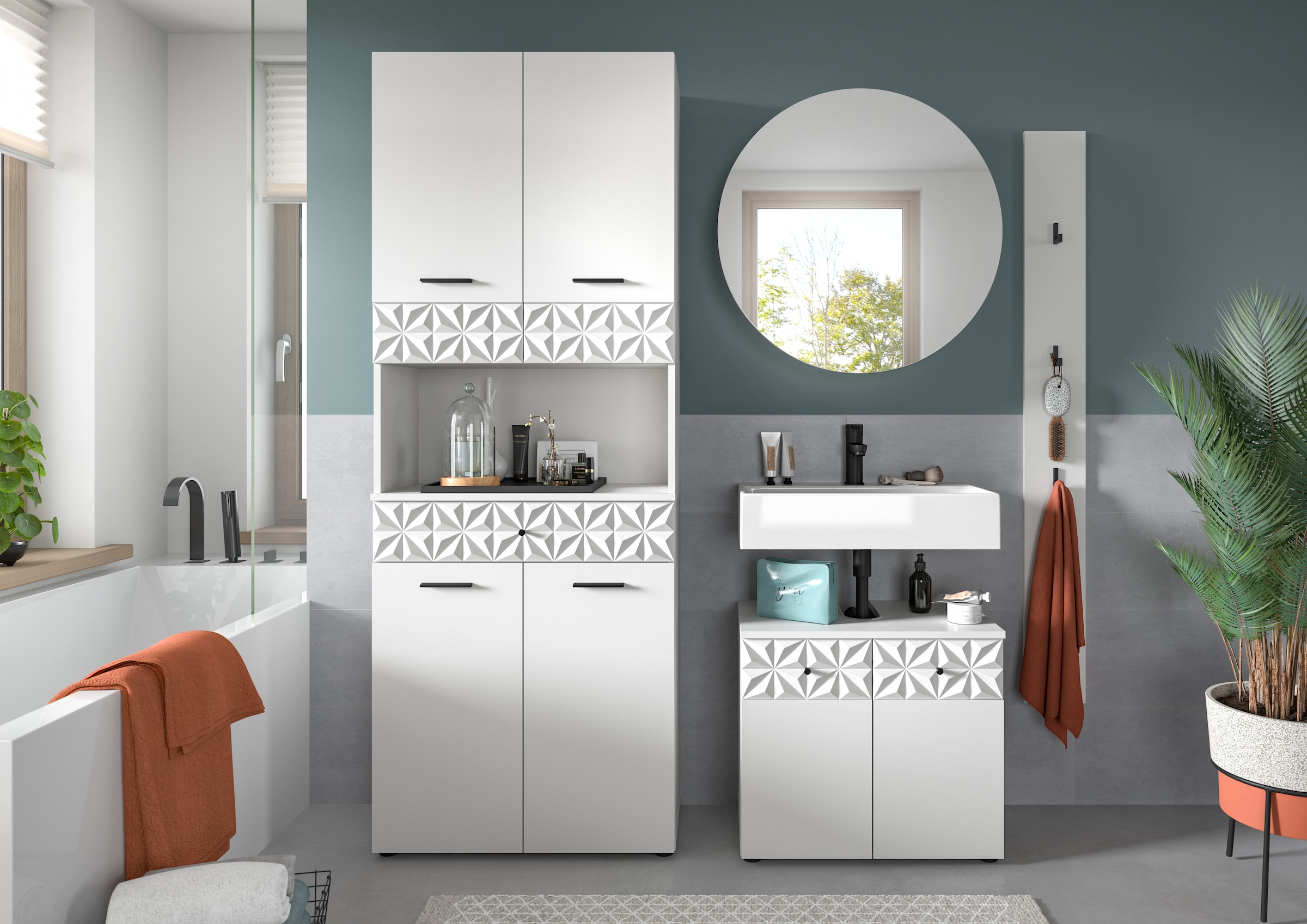 INOSIGN Ensemble de salle de bains »VICENZA, TOPSELLER!, Breite 176cm, 4-teilig, mit Ornamentabsetzung« Hochschrank, Waschbeckenunterschrank, Spiegelschrank und Hakenleiste, 