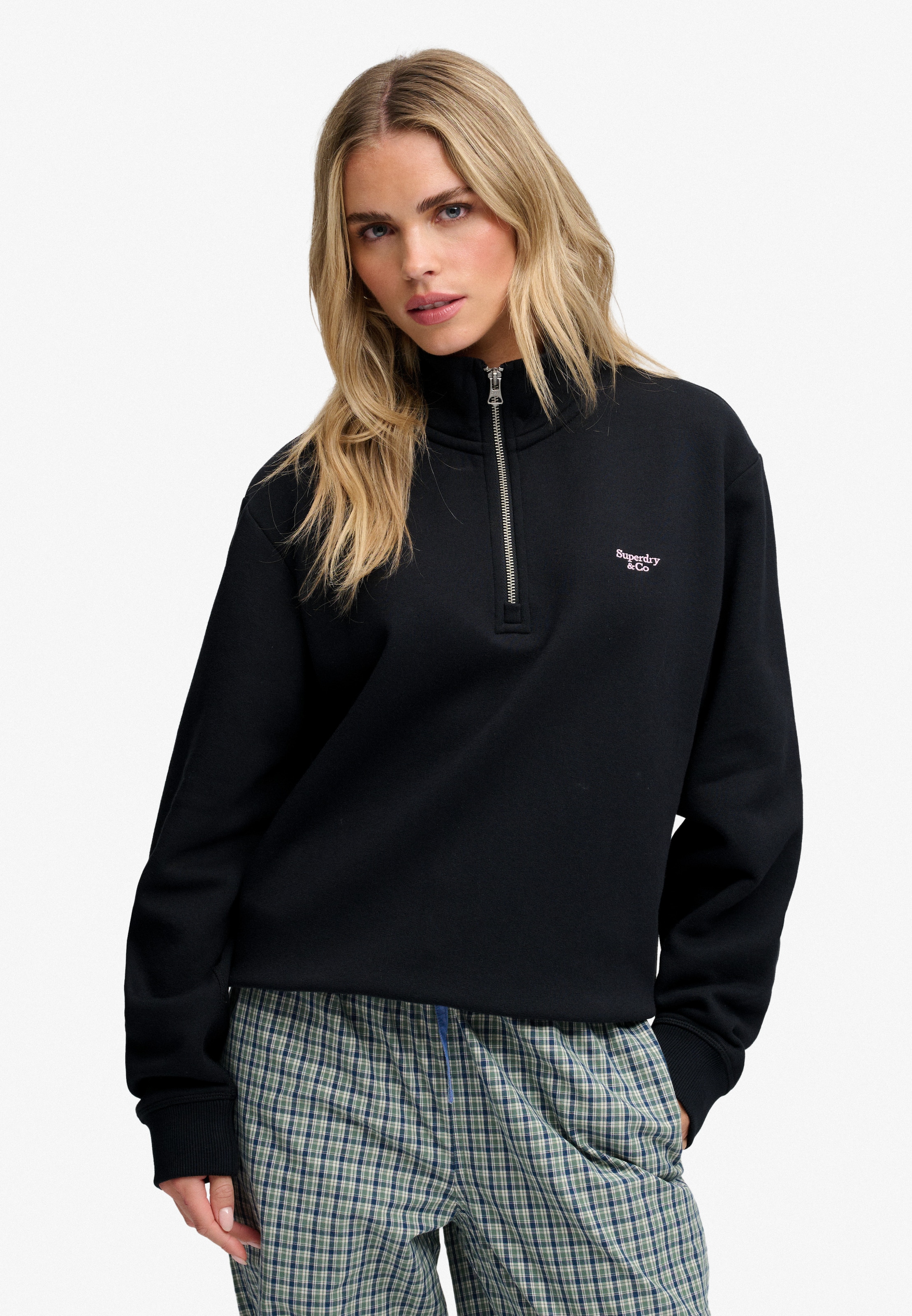Image of Superdry Sweatshirt "SIGNATURE EMB HALF ZIP", mit Stehkragen, aus Baumwolle und Polyester, Loose Fit, unifarben