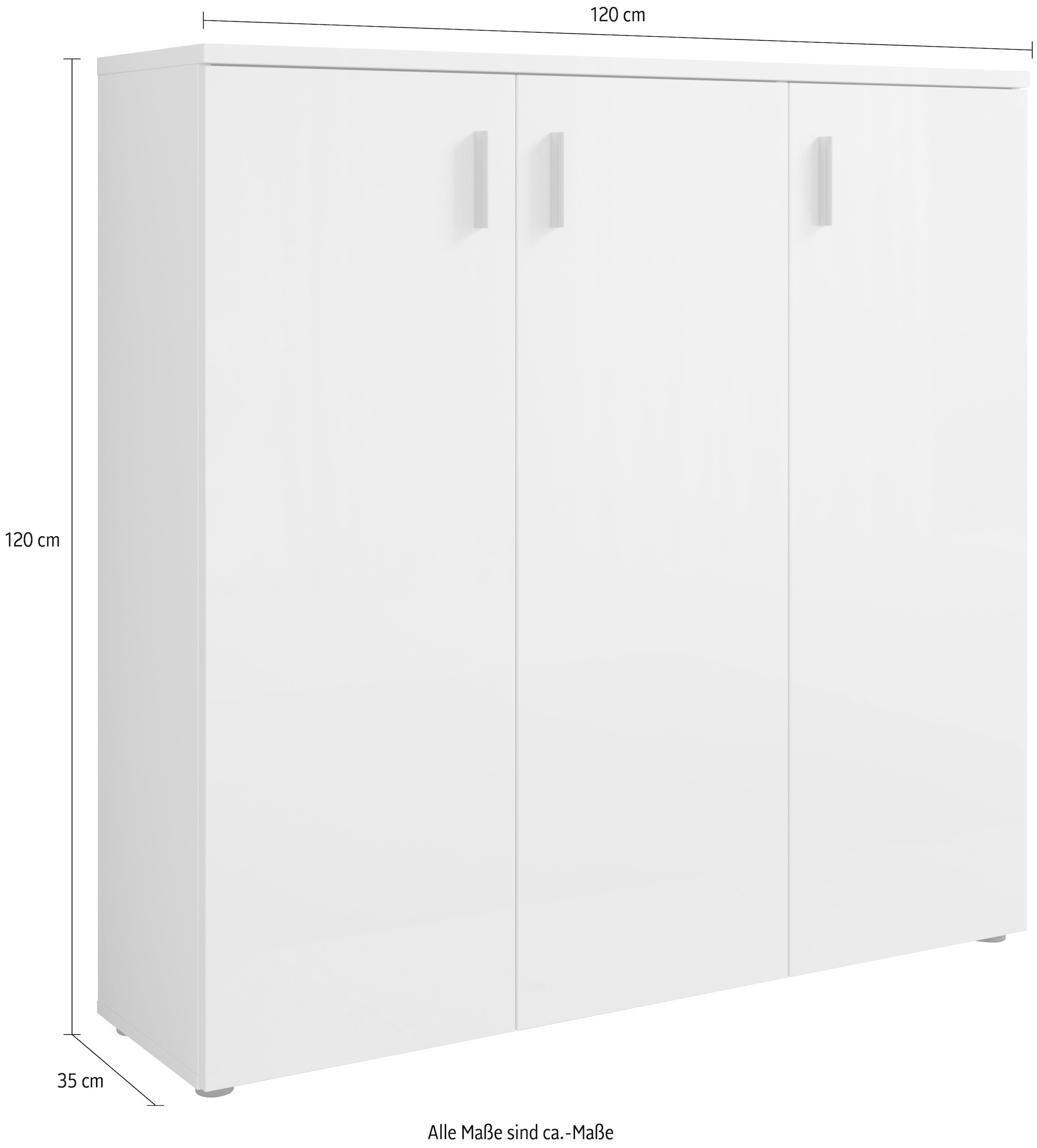HBZ Schuhschrank »Lincoln weiss Glanz, BxHxT 120x120x35 cm«, (1 St.), Schuhschrank mit 3 Türen, 8 Einlegeböden verstellbar, 2 feste Böden