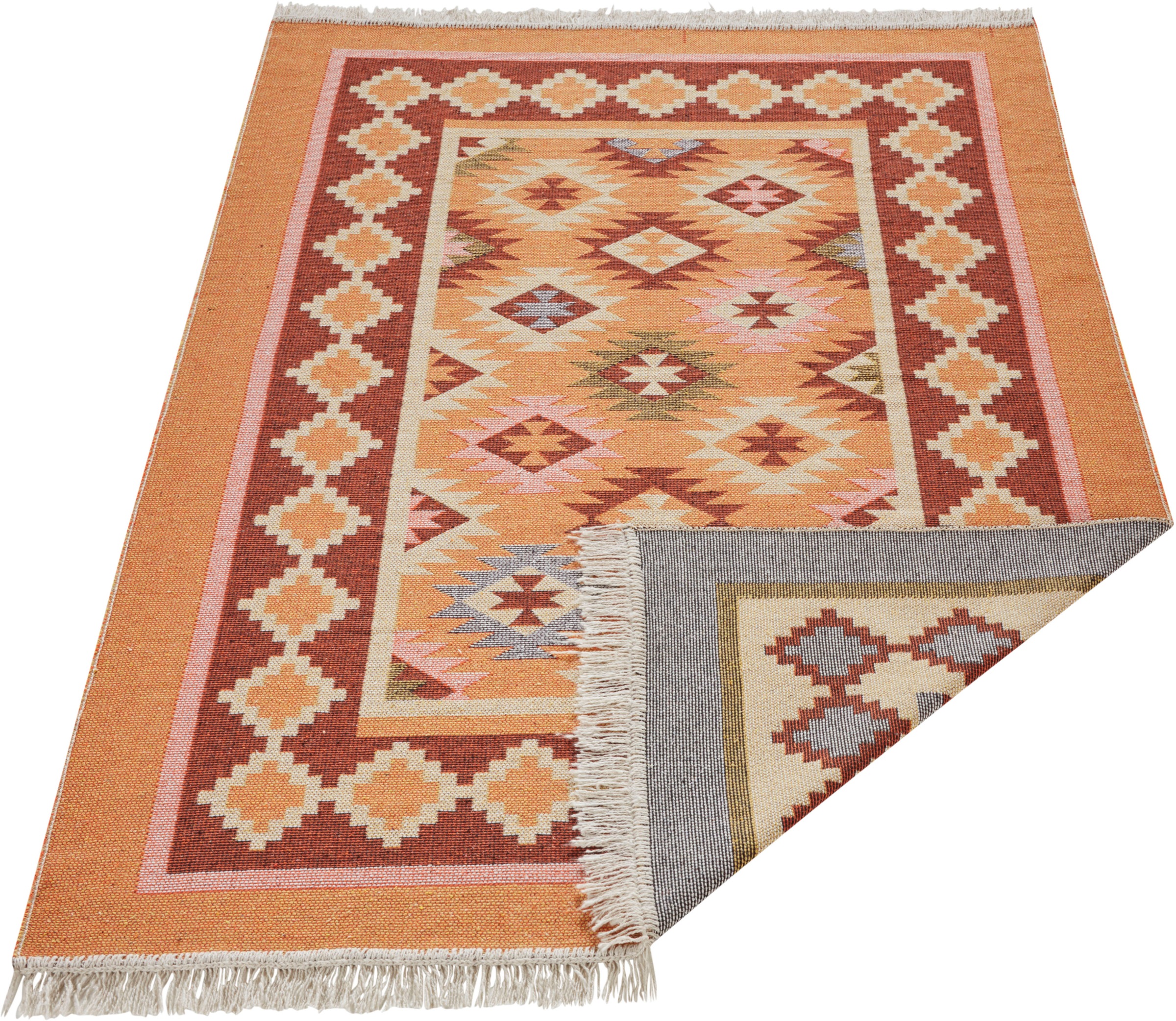 Image of HANSE Home Teppich »Banas«, rechteckig, 3 mm Höhe, Wendbar mit Fransen, Kelim Look, Boho, 100% recycelte Baumwolle, Faltbar, Wohnzimmer, Schlafzimmer, Robust, Pflegeleicht bei Ackermann Versand Schweiz