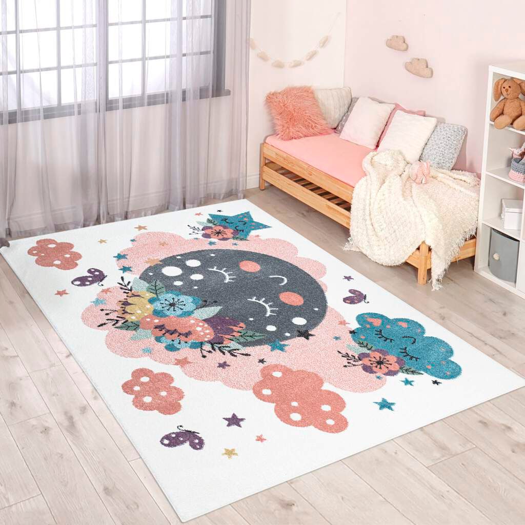Image of Carpet City Kinderteppich "ANIME917" rechteckig 11 mm Höhe Kinderzimmer Teppich Modern mit Mond, Blumen, Wolken, Creme, Multi