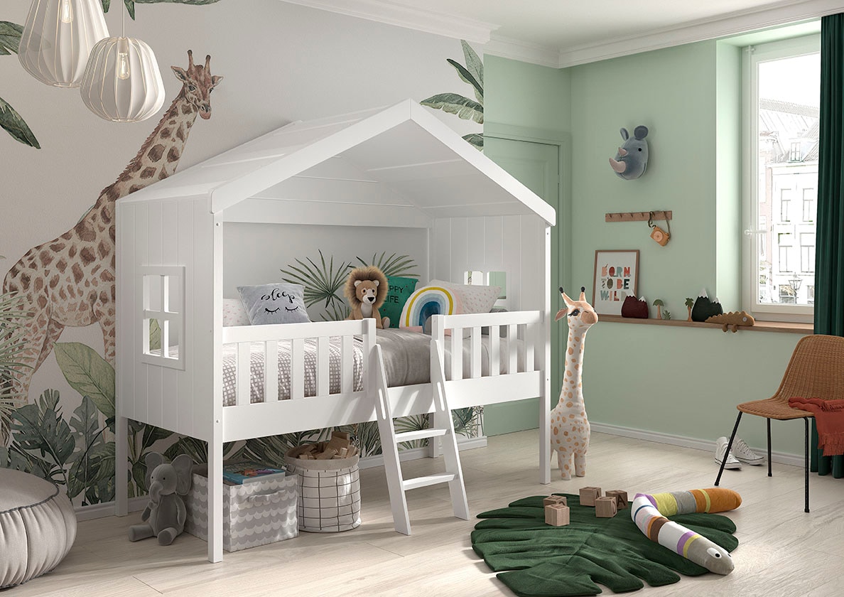 Vipack Hausbett »Kiefer massiv weiss lackiert, Made in Europe, stabil gebaut« B/H/T ca. 213x201,8cm, wahlweise mit und ohne Rutsche,  mit Leiter, seitliche Fenster, Rolllattenrost und Absturzschutz