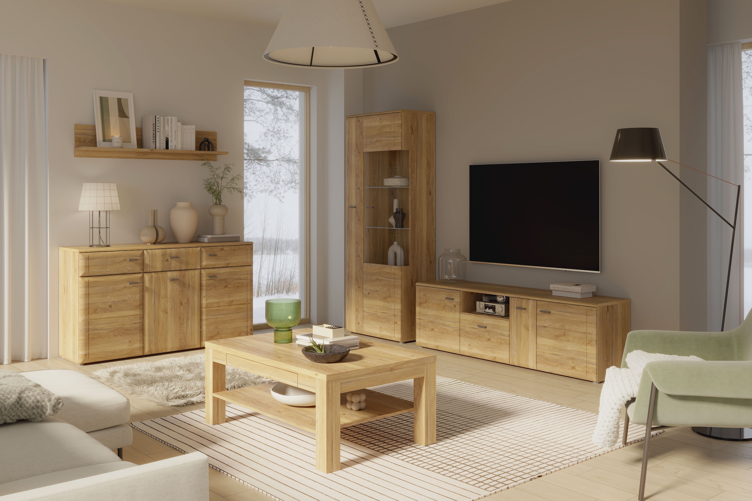 FORTE Lowboard »Akinori TV-Board, TV-Schrank« TV Board, Holzoptik, MDF Front, Metallgriffe, Vollauszug, Soft Close