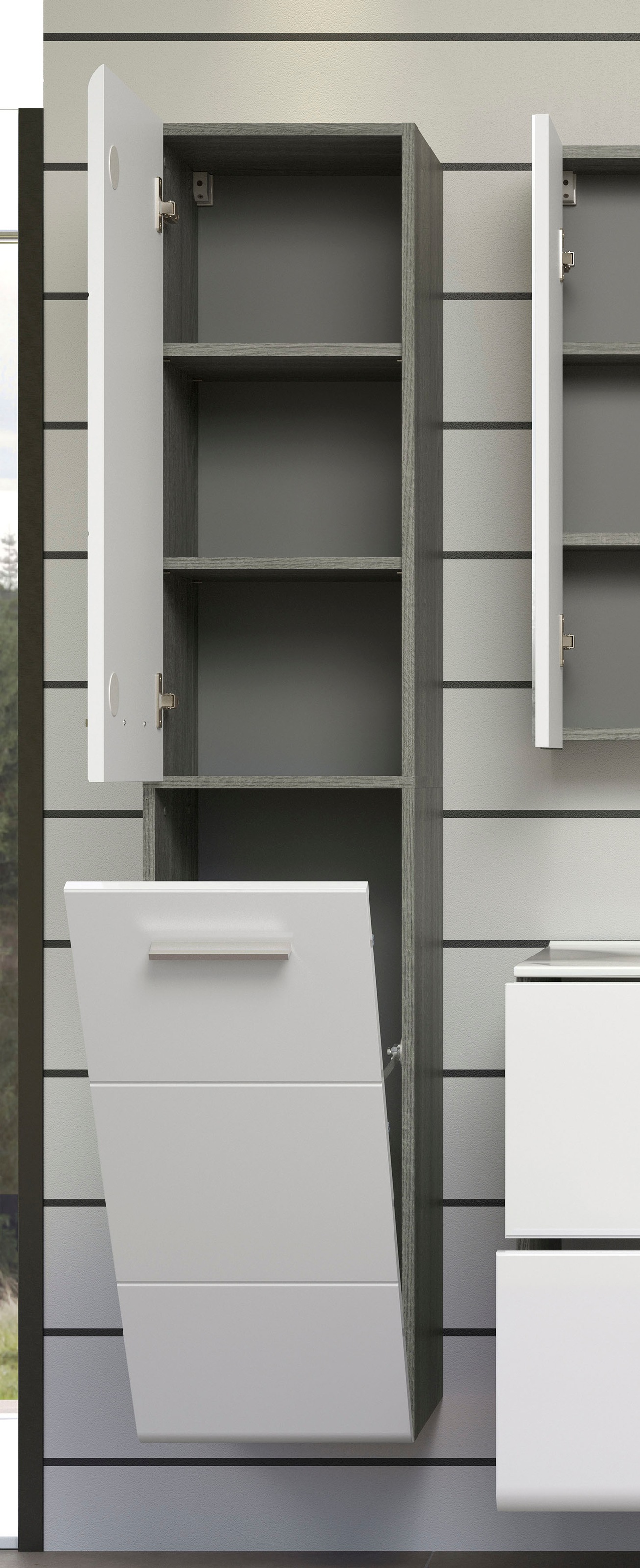 welltime Badmöbel-Set »Ravenna«, (3 St.), Hochschrank, Waschtisch, Spiegelschrank mit Wäschekorb und Waschbecken