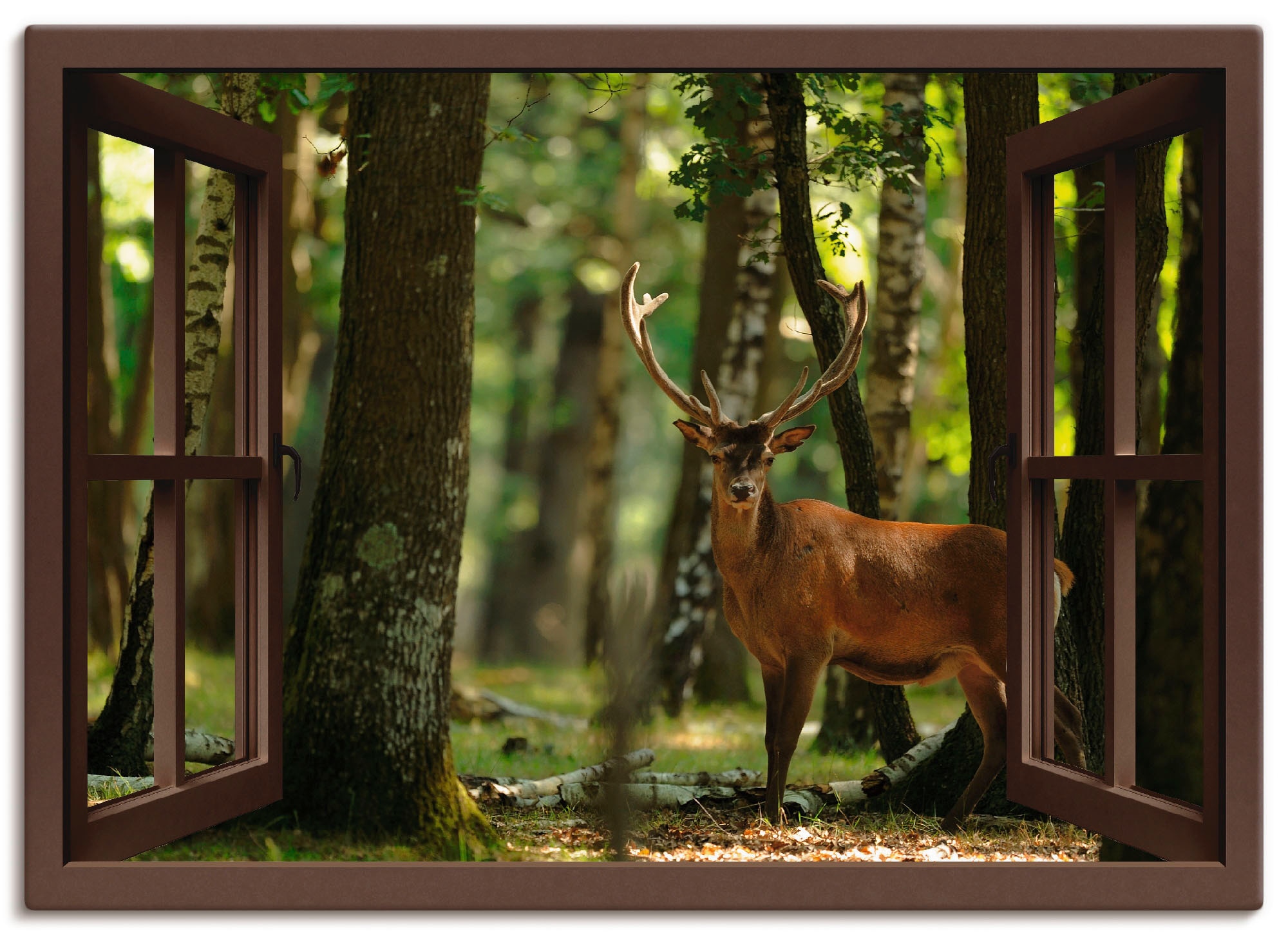 Image of Artland Leinwandbild "Fensterblick - Hirsch 4 - Wald" Fensterblick 1 Stk. tlg. auf Holzrahmen gespannt