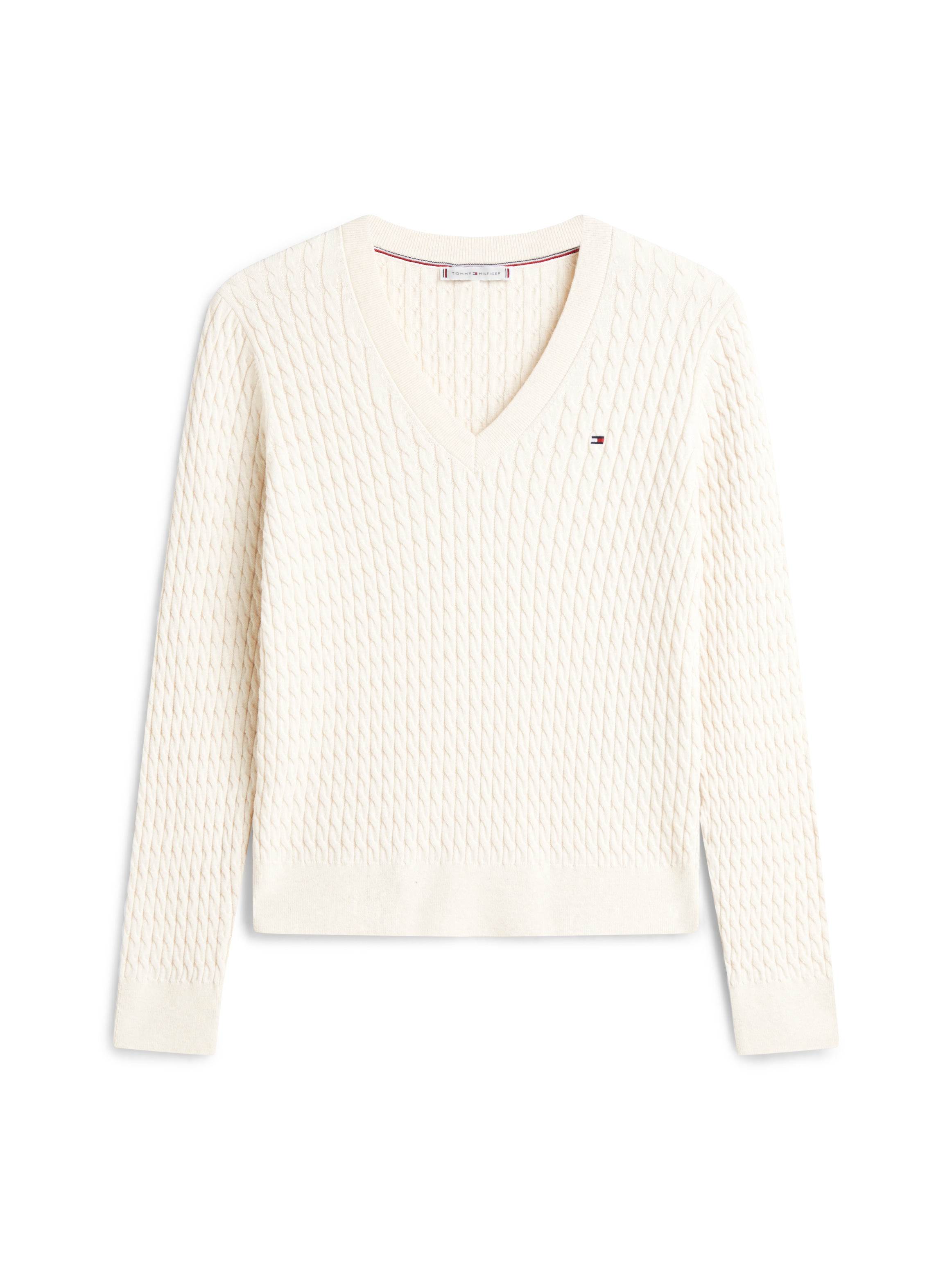 Tommy Hilfiger Pull col V »CO CABLE V-NK LS SWT« mit Zopfmuster, Logostickerei