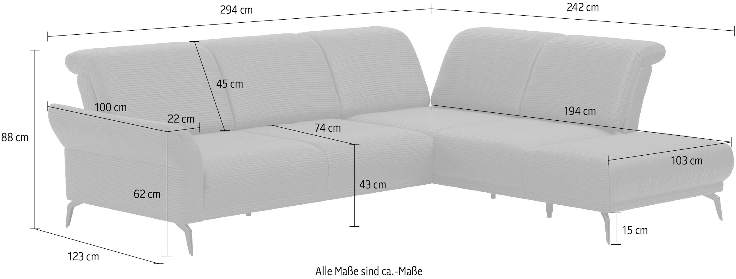 Home affaire Canapé d'angle »Coco L-Form« Sitztiefen-, Arm- und Kopfteilverstellung, Cord-Bezug, Fusshöhe 15 cm