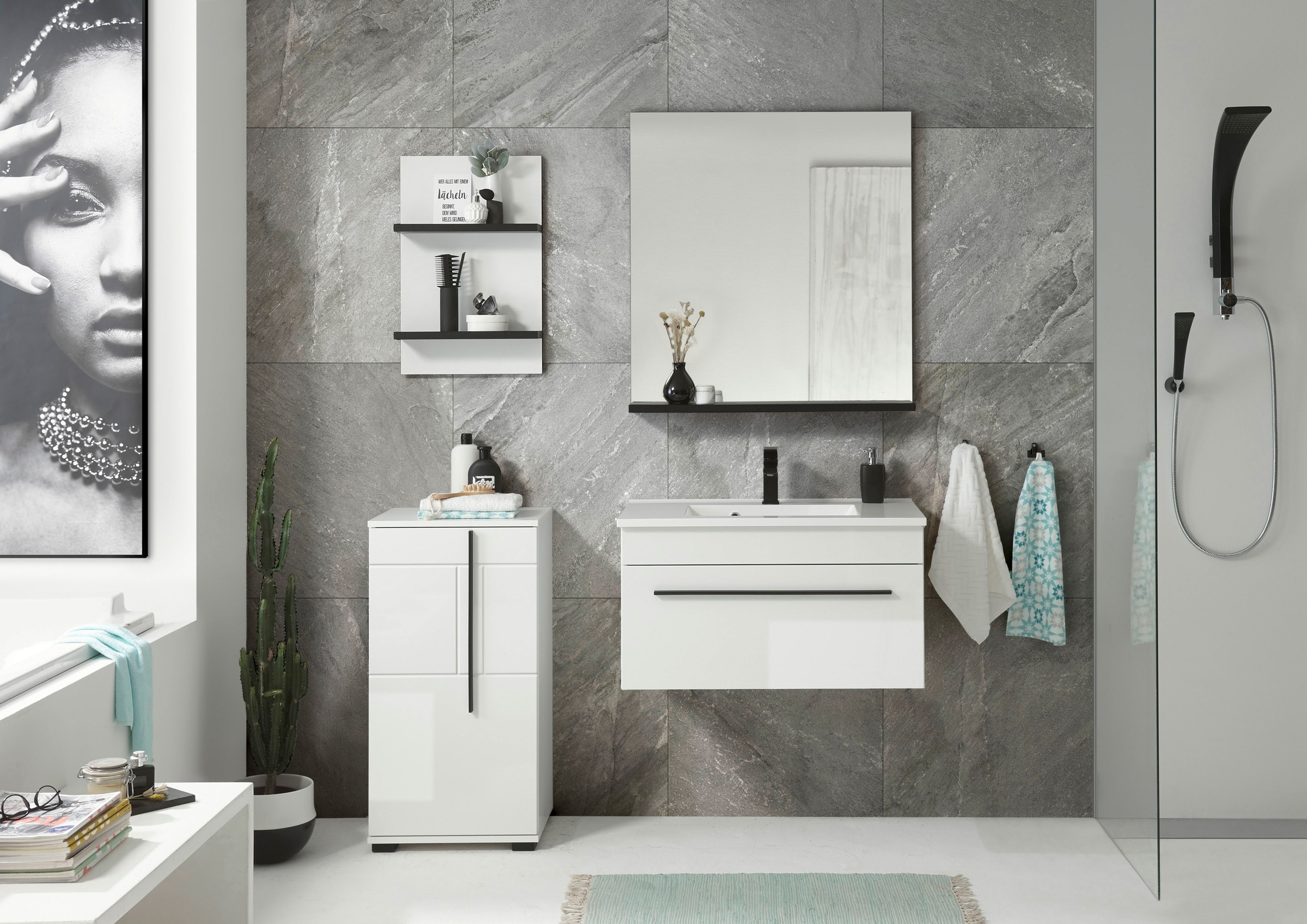 INOSIGN Badmöbel-Set »Cantara, Bad im modernen Design, 4-teiliges Badezimmer«, (Set, 4 St.), Waschtisch, Schrank, Hängeregal und Spiegel, in Weiss Hochglanz