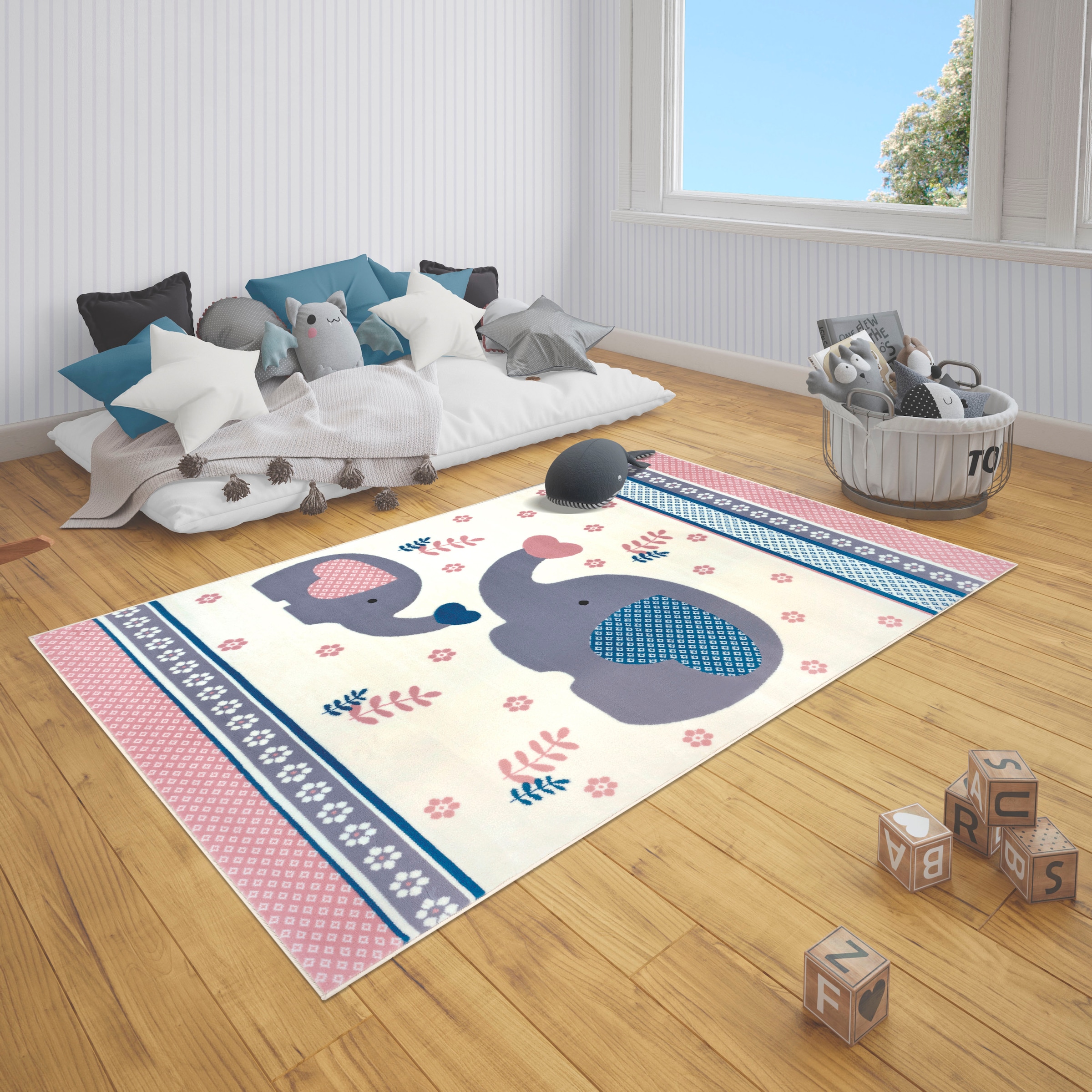 HANSE Home Kinderteppich »Happy Elefant«, rechteckig, 9 mm Höhe, Herz, Blume, Tiermotiv, Kurzflor,Strapazierfähig, Pflegeleicht, Robust