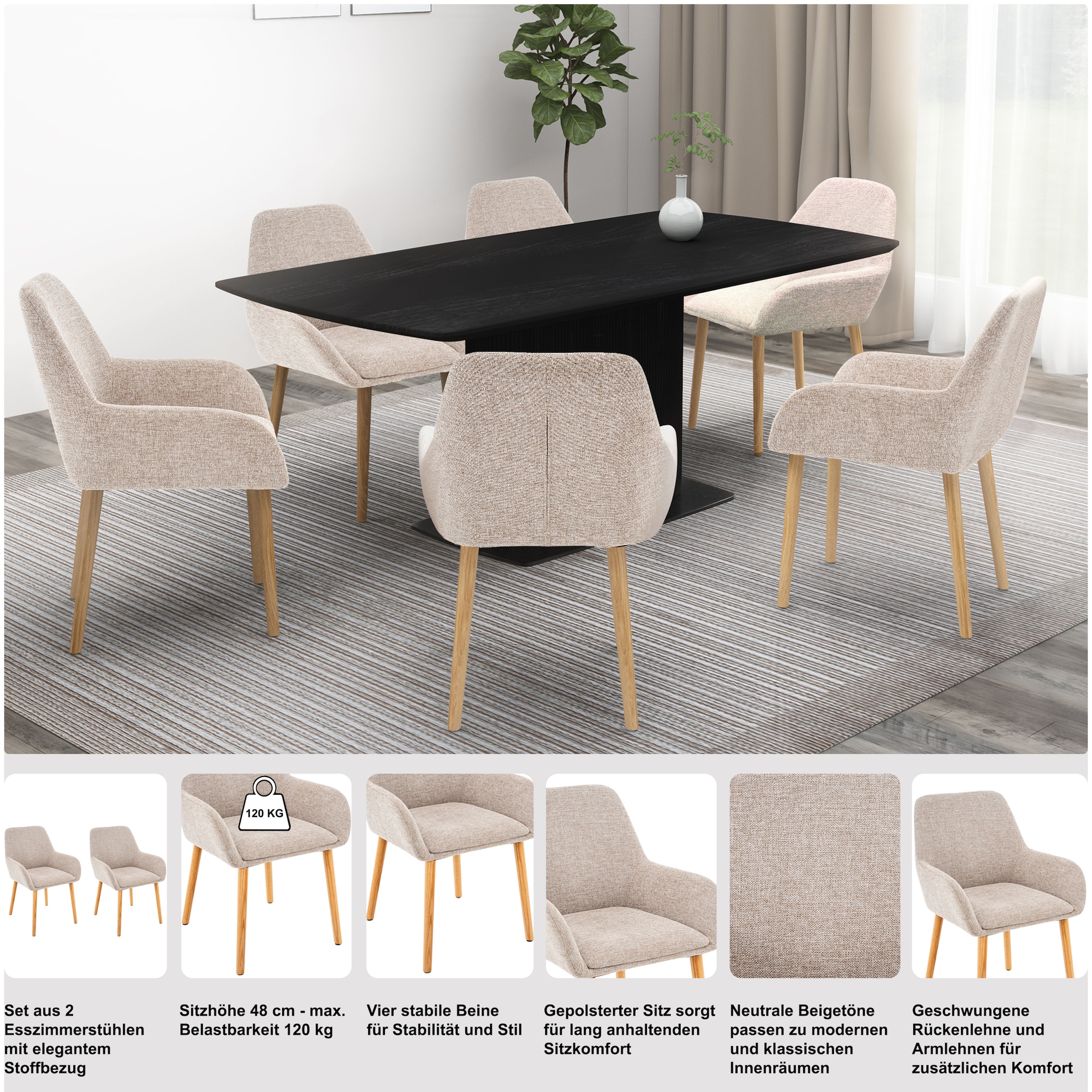 GOODproduct Chaise de salle à manger »Evinnia« (Set) 2 cuismassive Eichenholzbeine, pflegegleicher Webstoff, Sitzhöhe 48 cm