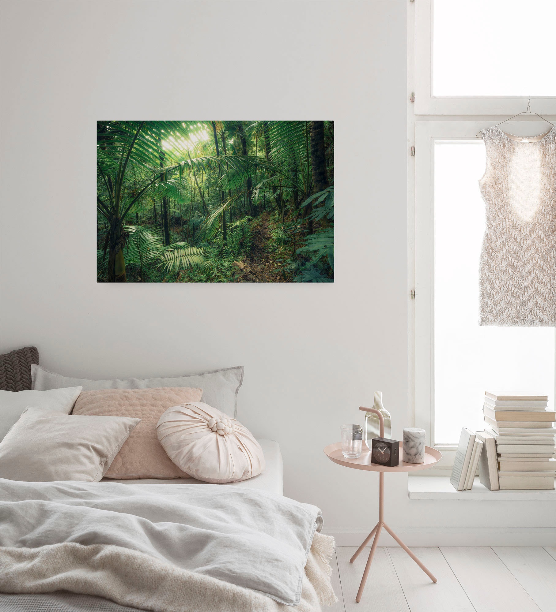 Image of Komar Leinwandbild "Jungleflair - Grösse 90 x 60 cm" Baum Berge Blumen Blätter Foto Jahreszeiten Landschaft Meer Natur Palmen Strand Packung, 1 Stk. tlg. Keilrahmenbild mi Echtholzrahmen