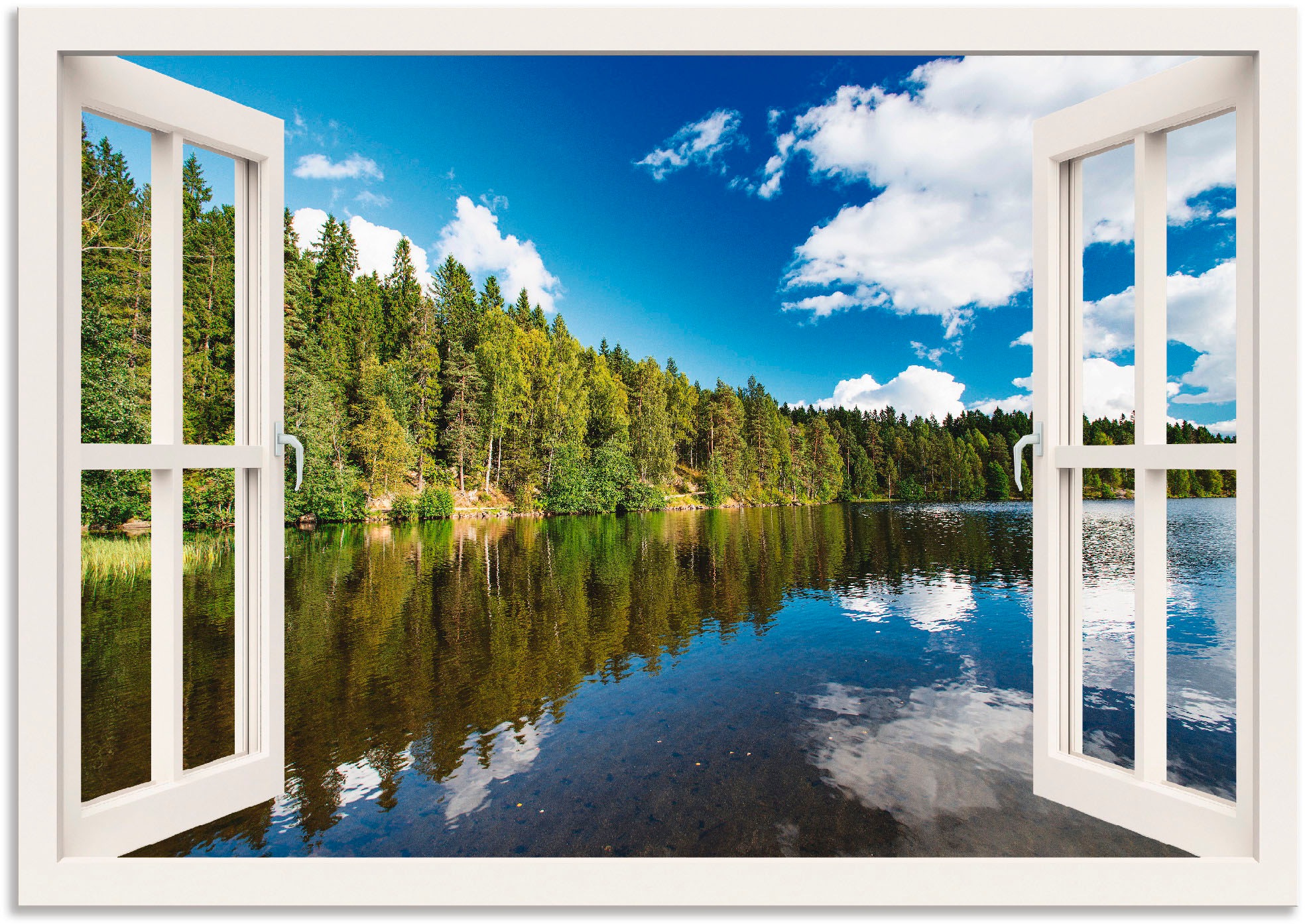 Image of Artland Wandbild »Fensterblick Norwegische Landschaft«, Fensterblick, (1 St.), in vielen Grössen & Produktarten - Alubild / Outdoorbild für den Aussenbereich, Leinwandbild, Poster, Wandaufkleber / Wandtattoo auch für Badezimmer geeignet bei Ackermann Vers