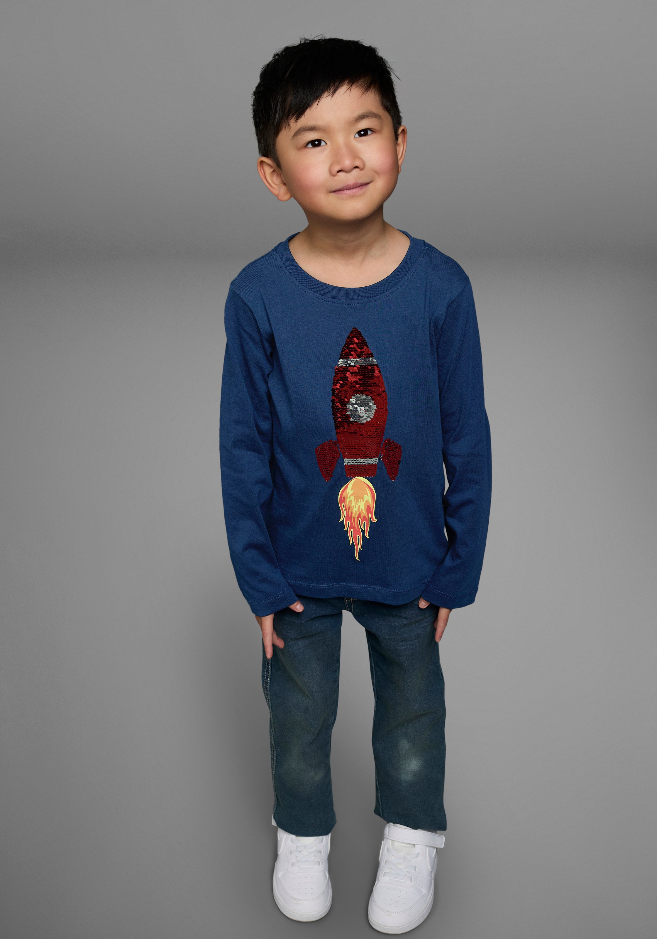 KIDSWORLD Langarmshirt »Rakete aus Wendepailletten«, langärmelige, Basic-Passform, aus Jerseystoff, aus Baumwolle