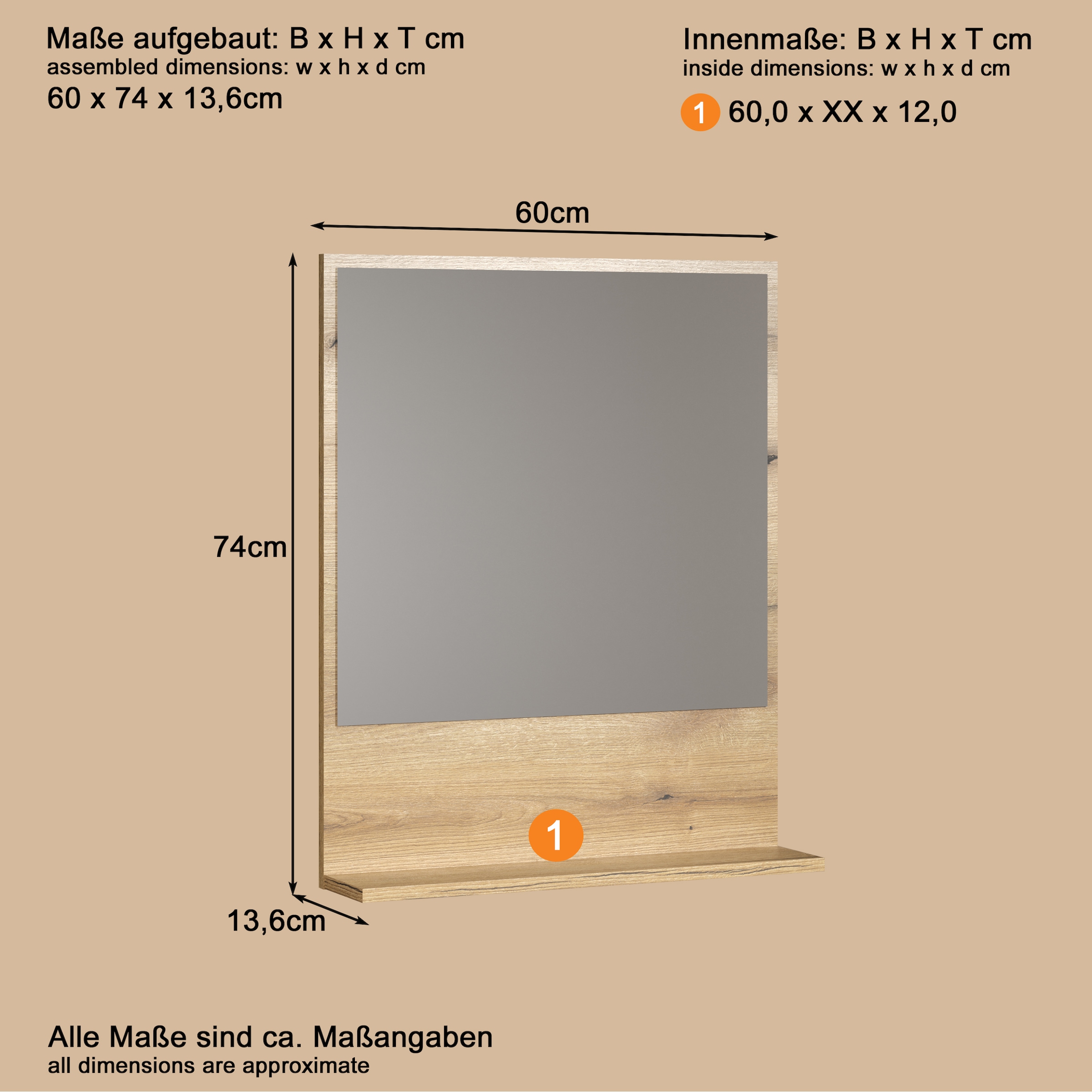 welltime Miroir de salle de bain »Amrum« Eleganter Badezimmerspiegel mit Ablage - Masse (B/T/H) 60-80/14/74 cm