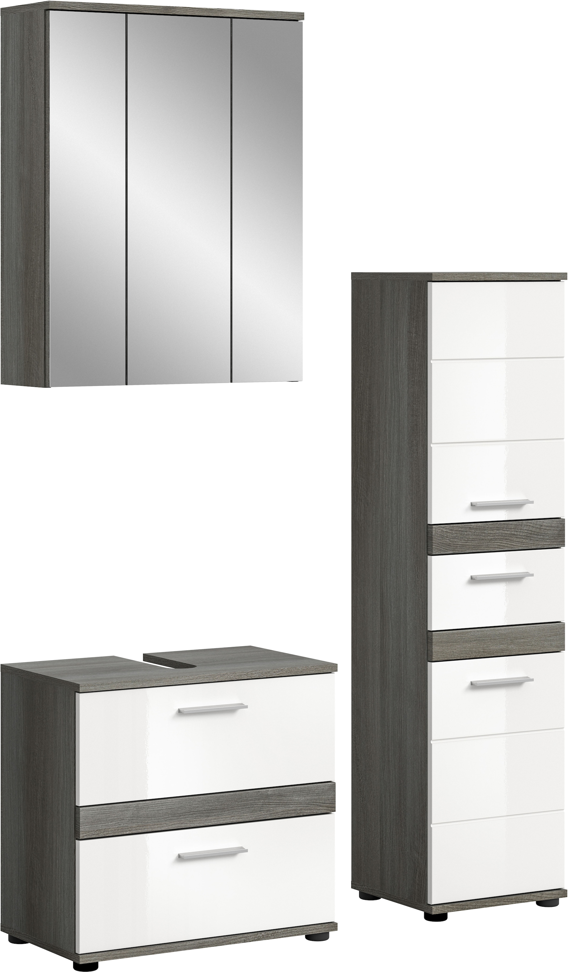 Image of welltime Badmöbel-Set "LUCCA, 3-teilig, hochwertige MDF Front" Set, best. aus: Waschbeckenunterschrank, Spiegelschrank, Hochschrank, 3 Stk. tlg.