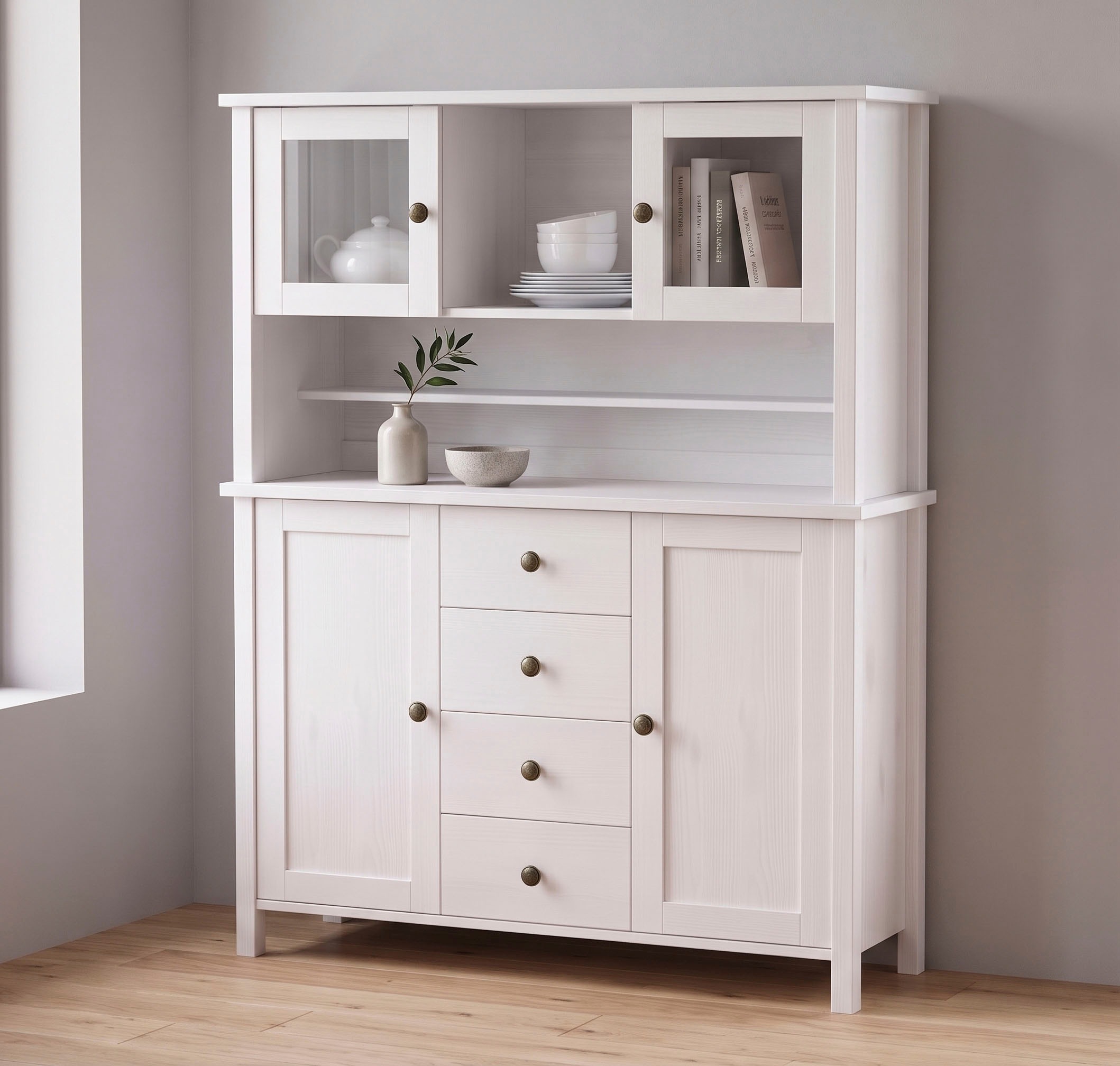 GOODproduct Buffet »Mikkeli Küchenbuffet mit 2 Glastüren, Metallgriffe« aus massiver FSC®-zertifizierter Kiefer, moderner Landhausstil