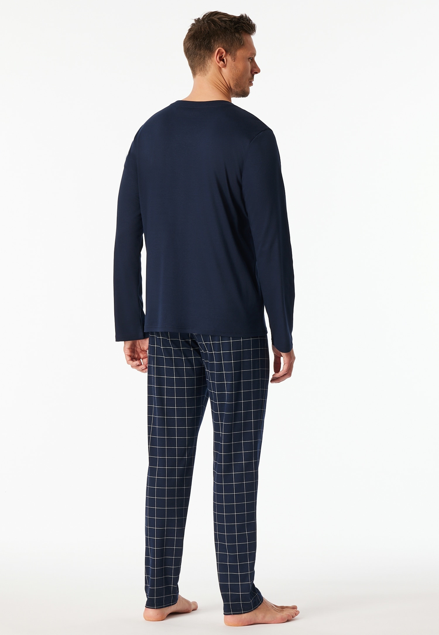 Schiesser Pyjama »Fine Interlock« 2 Stk. tlg., Oberteil in Uni, karierte Hose, V-Neck, Langarm, Baumwolle