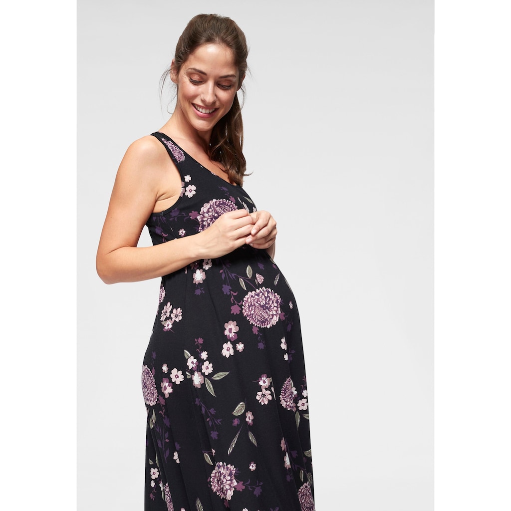 Neun Monate Umstandskleid », Für Schwangerschaft und Stillzeit«, in fliessender Form und mit Blumenmuster