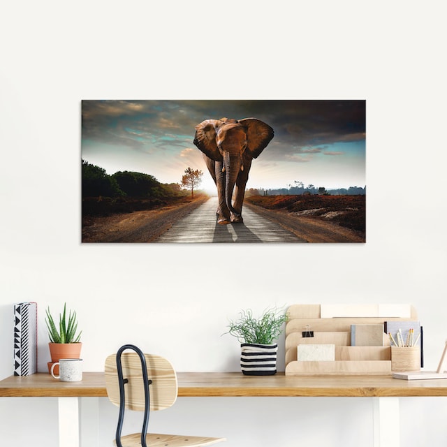 Artland Glasbild »Ein Elefant läuft auf der Strasse«, Wildtiere, (1 St.),  in verschiedenen Grössen günstig kaufen