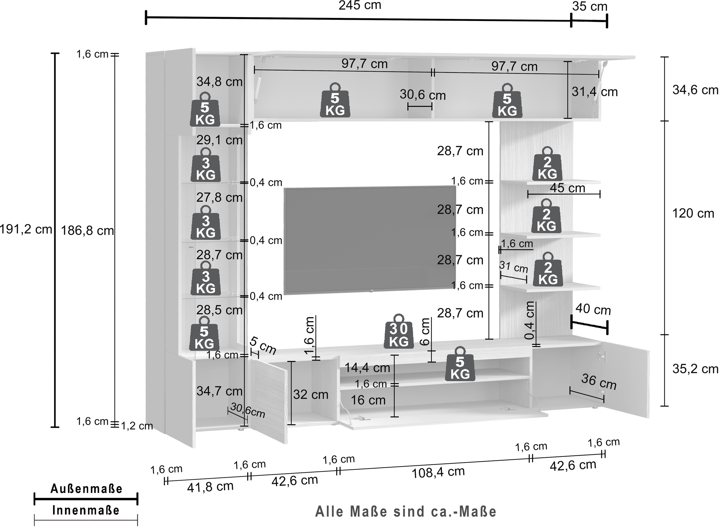 GOODproduct Wohnwand »Wohnwand New Egypt, Anbauwand, Medienwand, Wohnzimmerwand« Weiss in Hochglanz, alle anderen Farben in matter Ausführung., 4 Stk. tlg.
