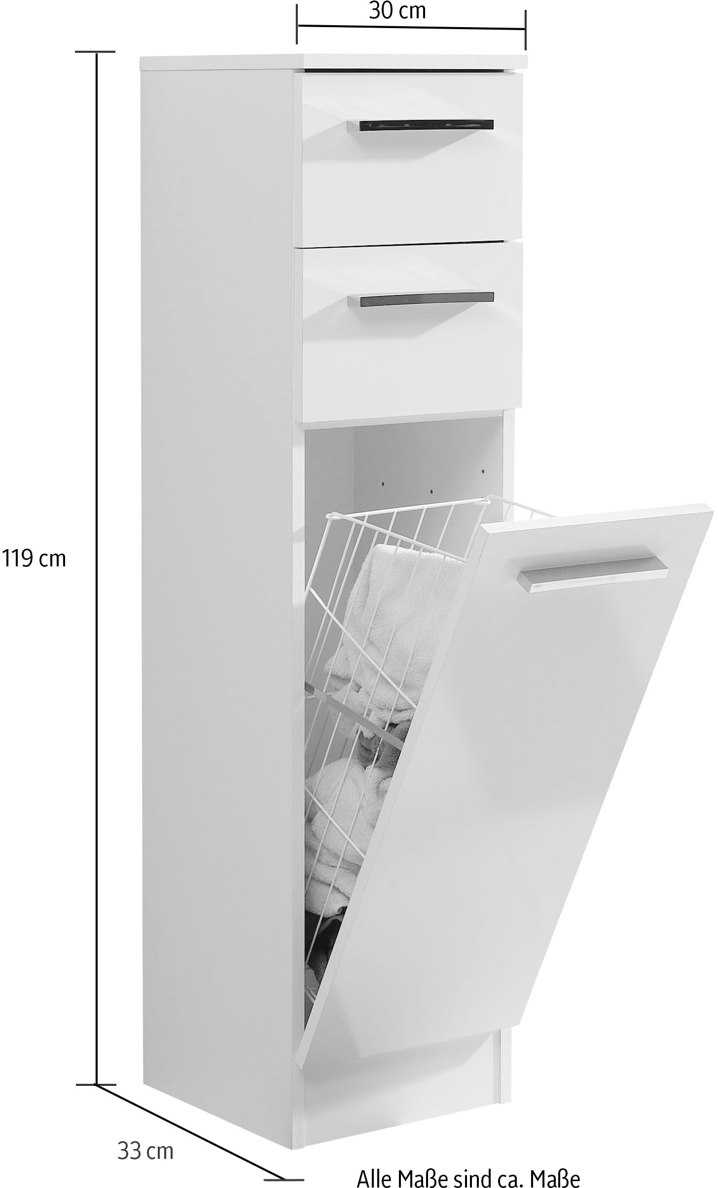 Saphir Armoire basse »Quickset 335 Badschrank, 1 Wäschekippe,  2 Schubladen, 30 cm breit« meuble sous lavabo, blanc brillant, poignées chromées brillantes