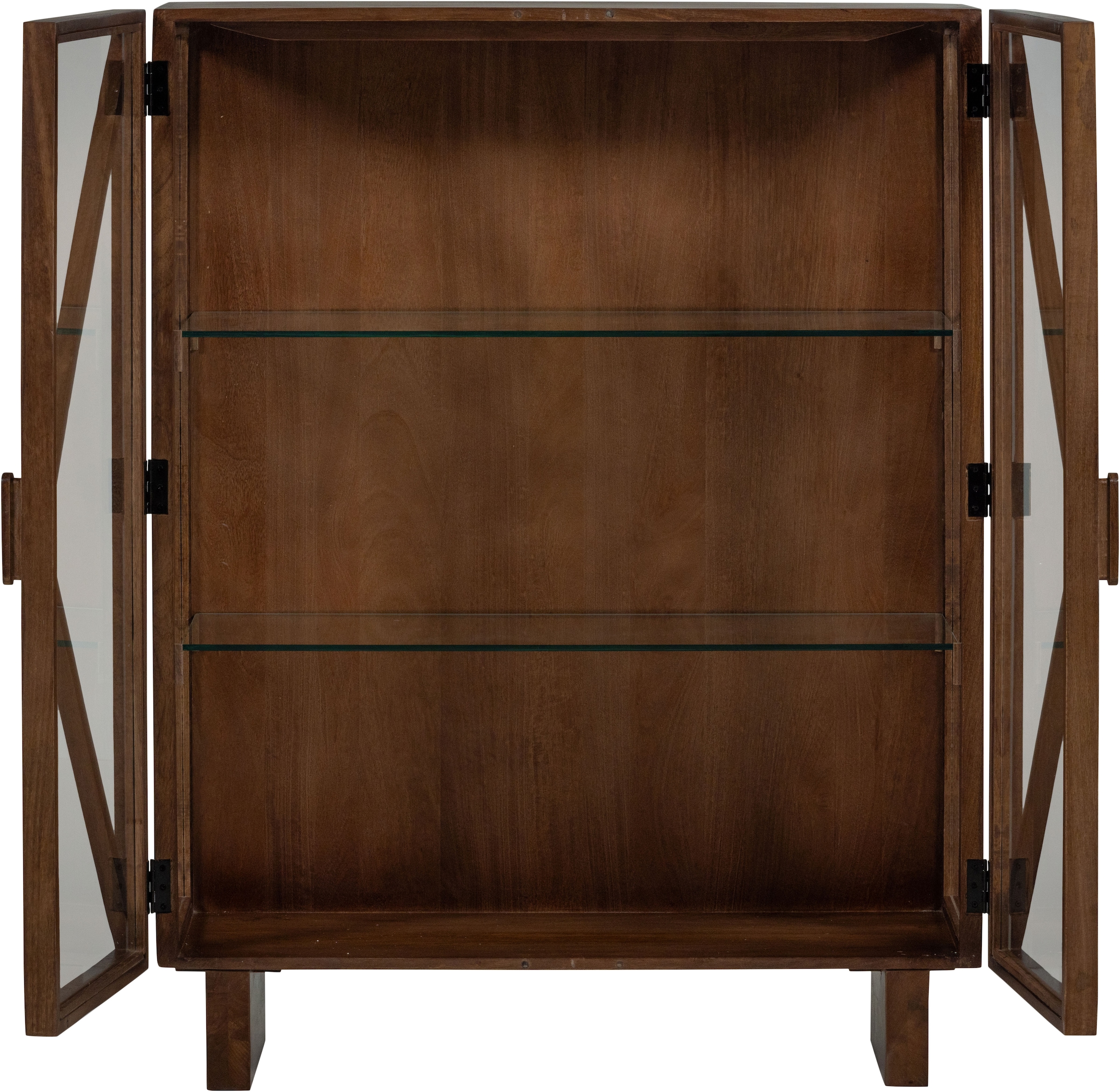 WOOOD Vitrine »Kella Mangoholz mit Glastüren und Glasablagen B 100 x D 44 x H 132 cm« Wandbefestigung empfohlen, Tragkraft 5–7 kg pro Glasboden