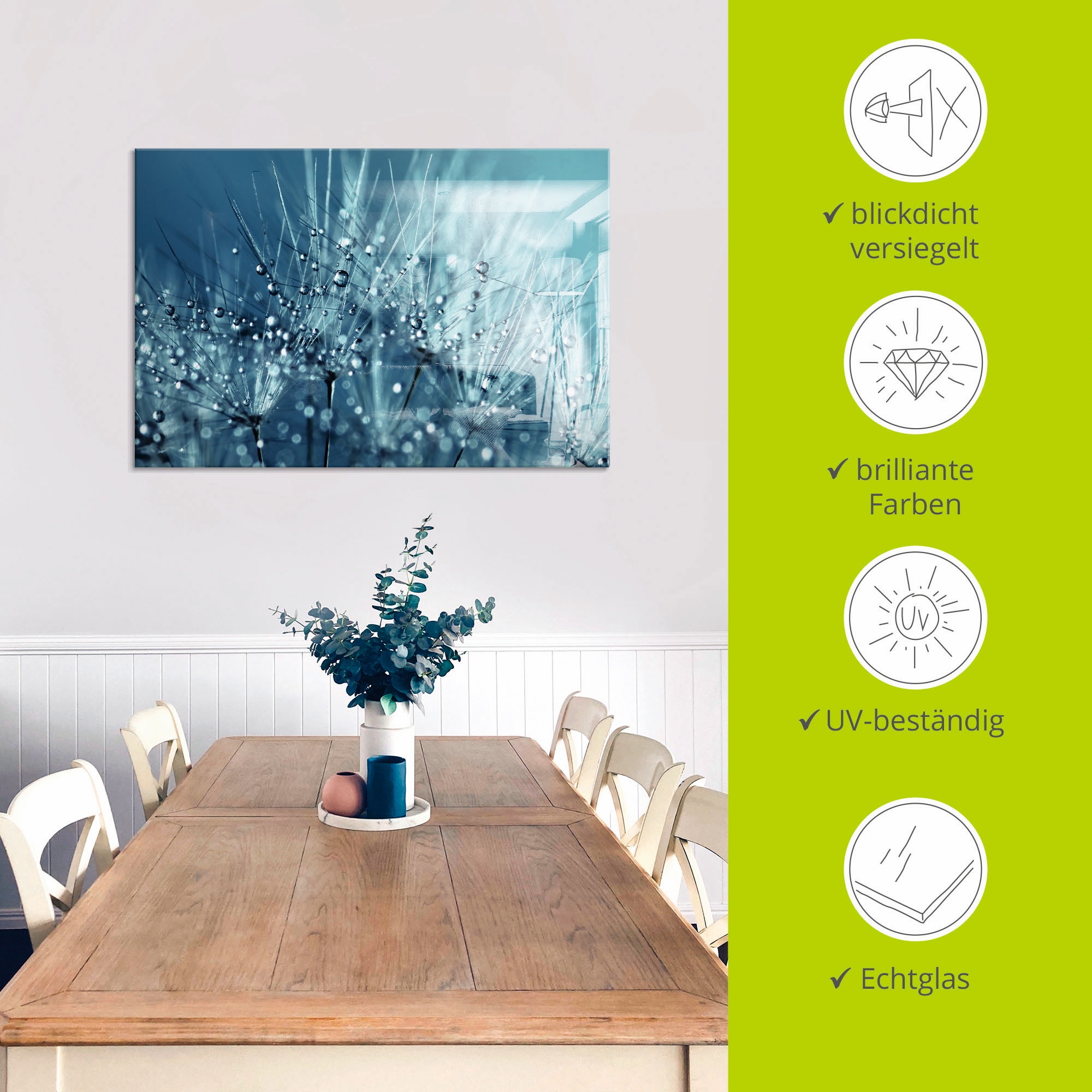 Artland Glasbild »Blaue glitzernde Pusteblume«, Blumen, (1 St.), in verschiedenen Grössen