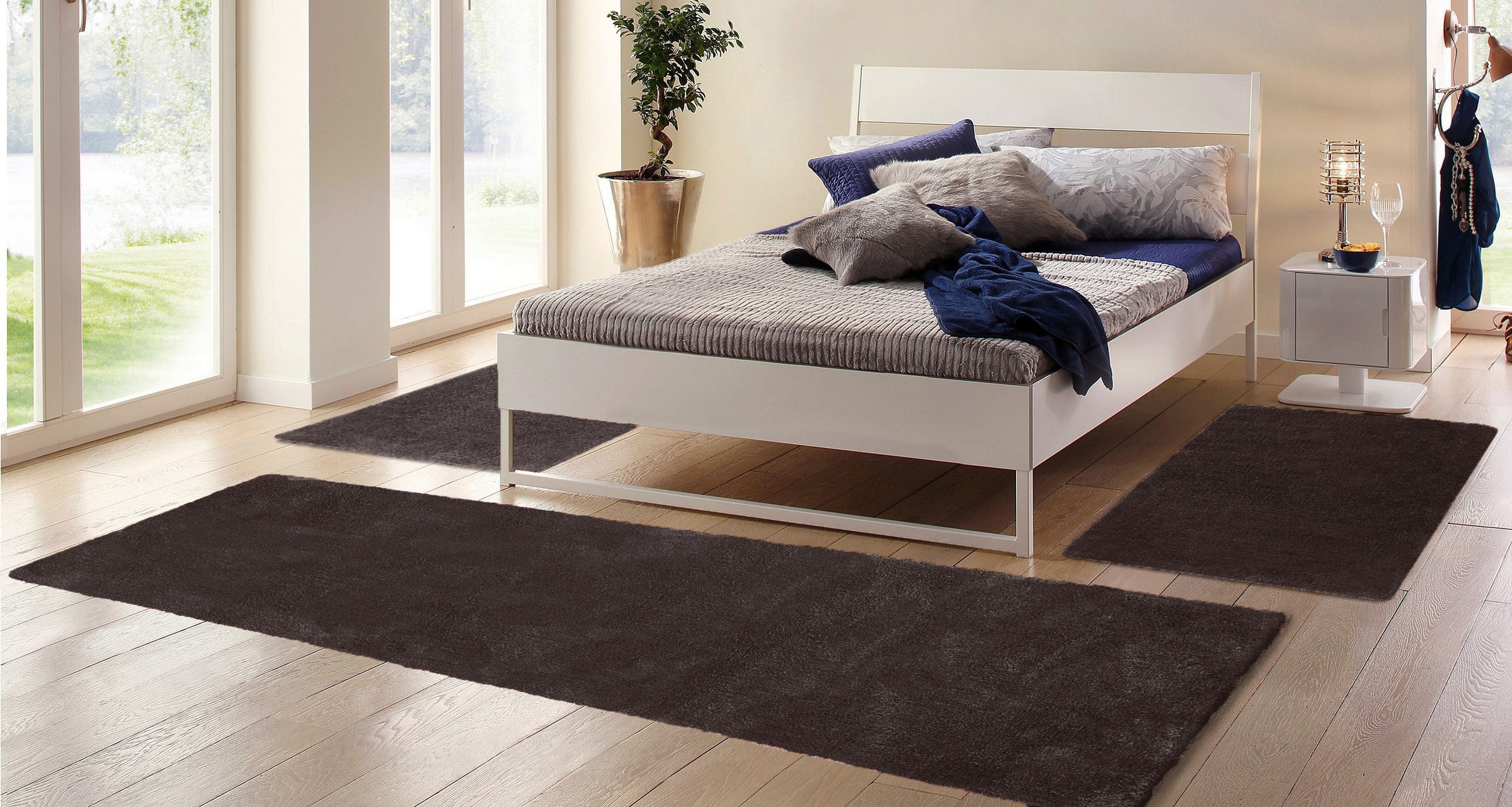 my home Hochflor-Bettumrandung »Microfaser Teppich Magong, besonders weich, sehr feiner Flor«, (3 tlg.), uni, einfarbiger Bettvorleger, Läufer-Set, Schlafzimmer, Kinderzimmer