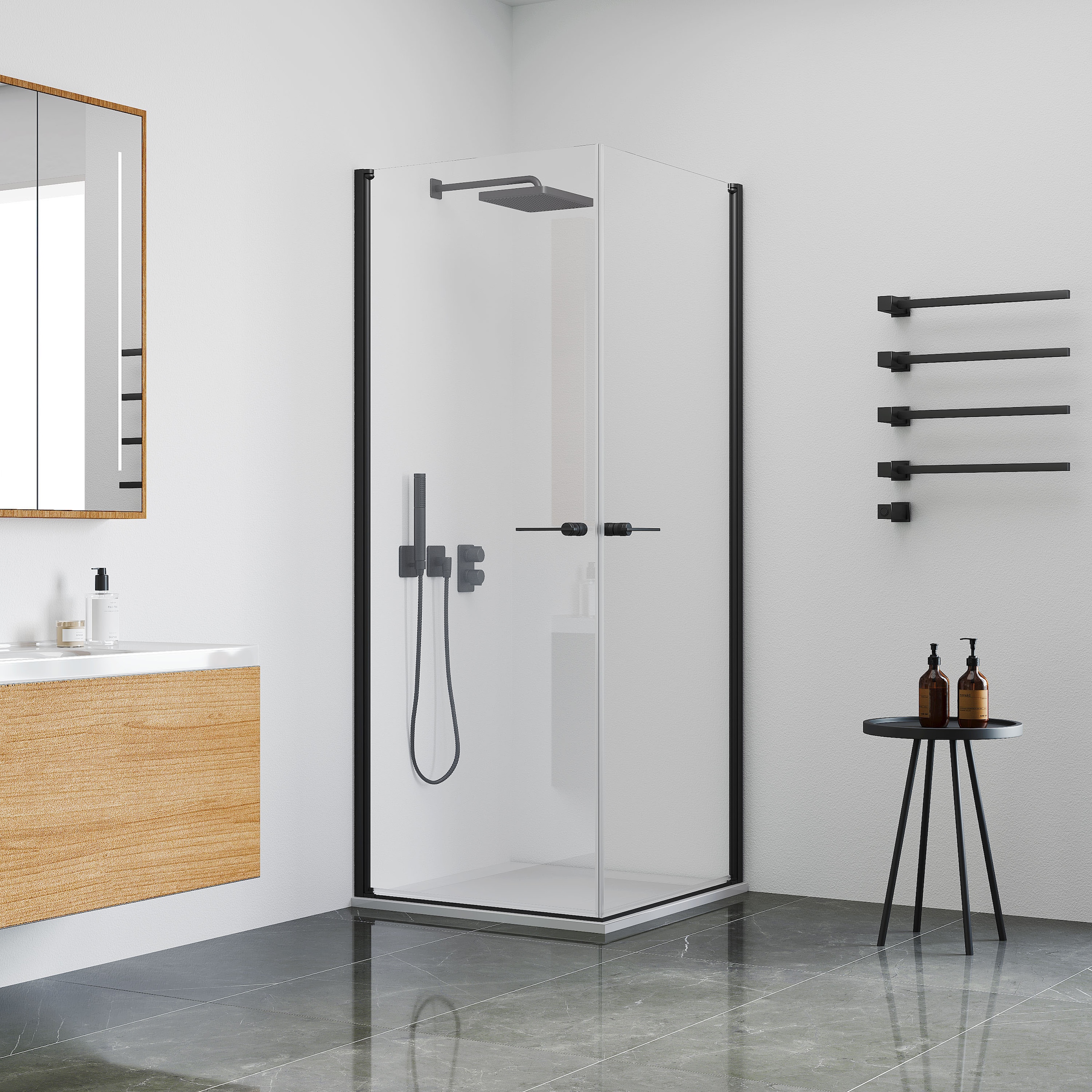 welltime Douche d'angle »Firenze« design sans cadre avec poignées extravagantes, 6mm ESG