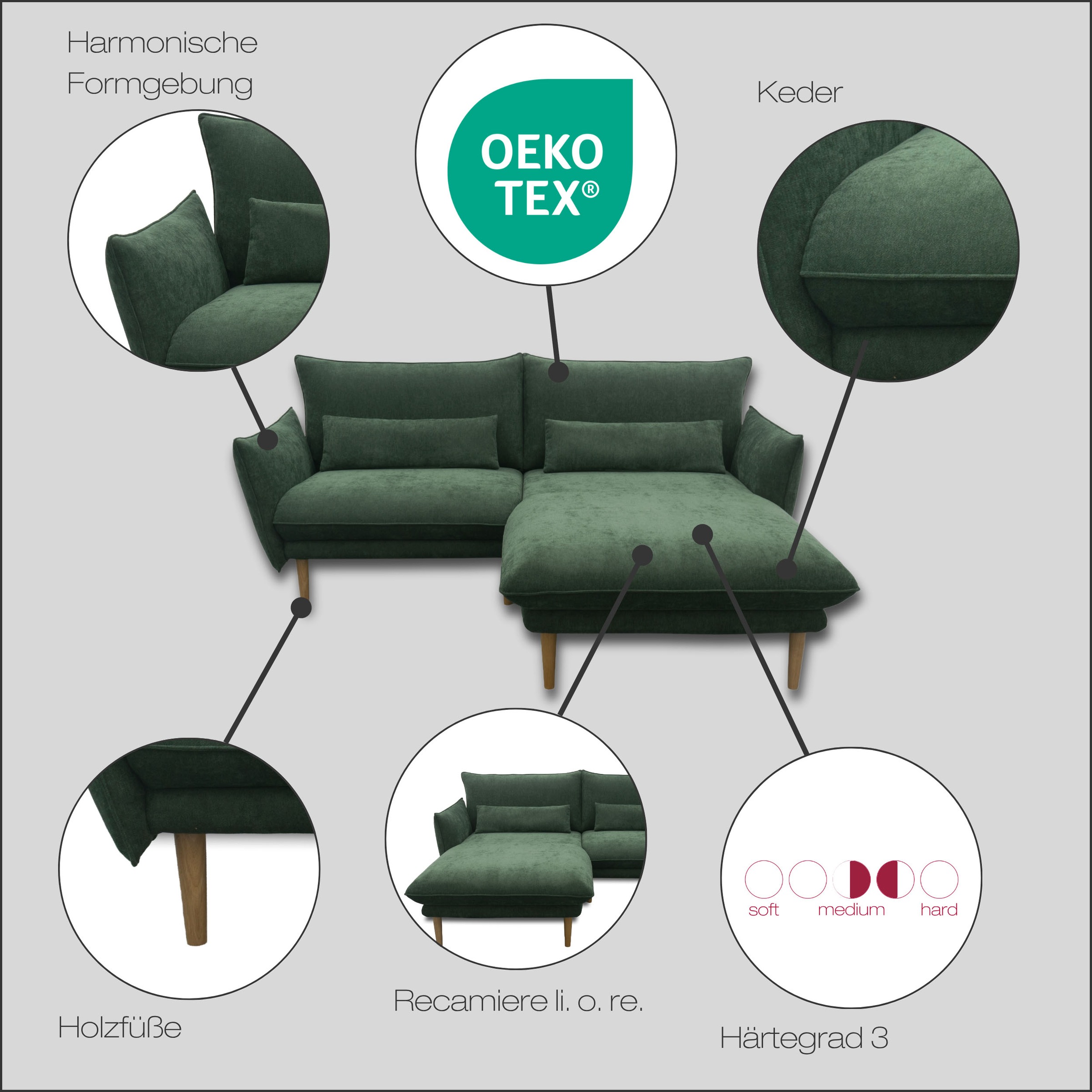 DOMO collection Ecksofa »100 032 kompakte Stellmasse, Breite 200cm, schmale Armlehnen, L-Form«, bodenfrei, 19cm hohe Holzfüsse
