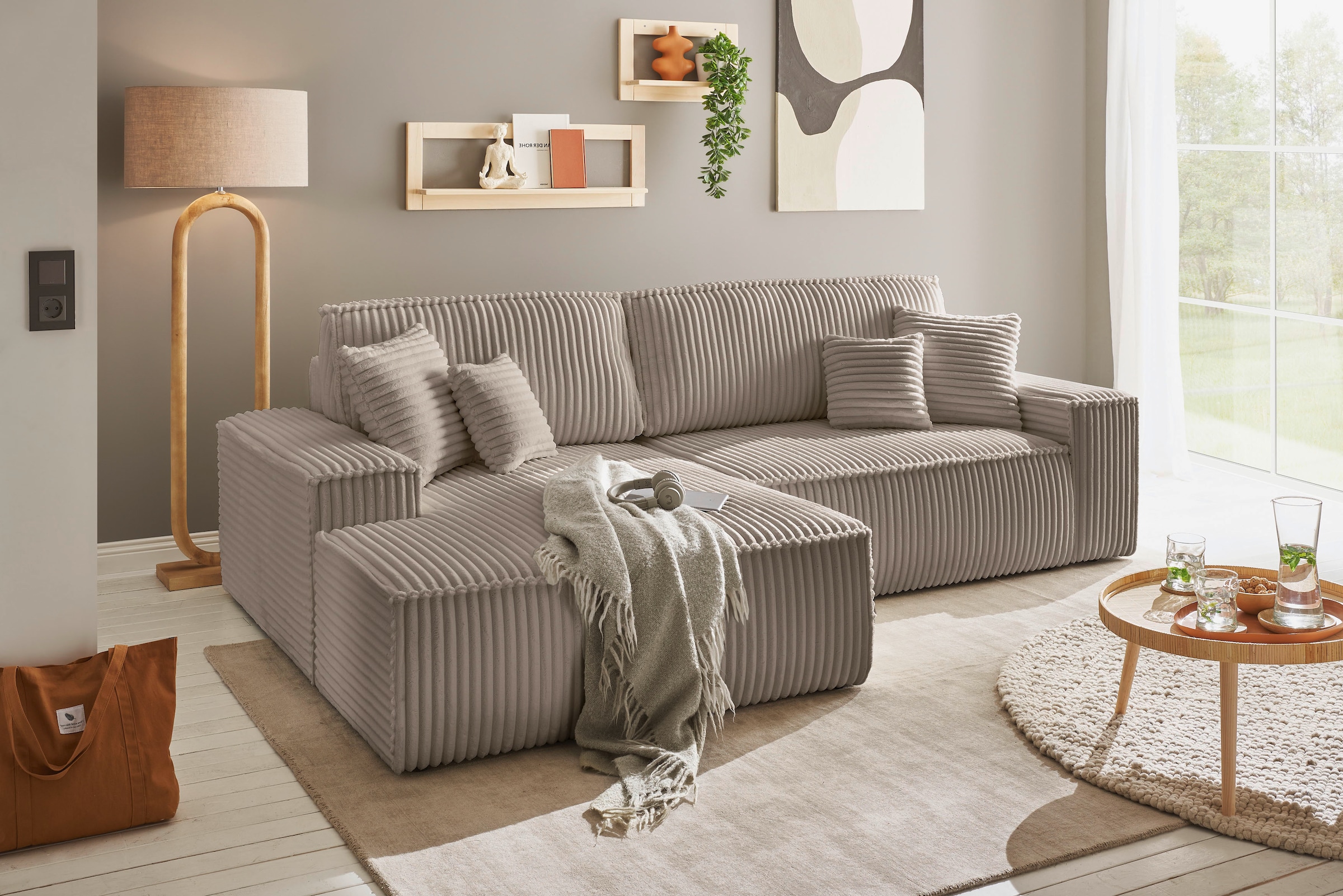 andas Ecksofa »Finnley Schlafsofa 267 cm in Bouclé, Struktur fein u. Cord, L-Form,«, Schlaffunktion m. Bettkasten (136/210 cm), Bouclé, Struktur und Cord