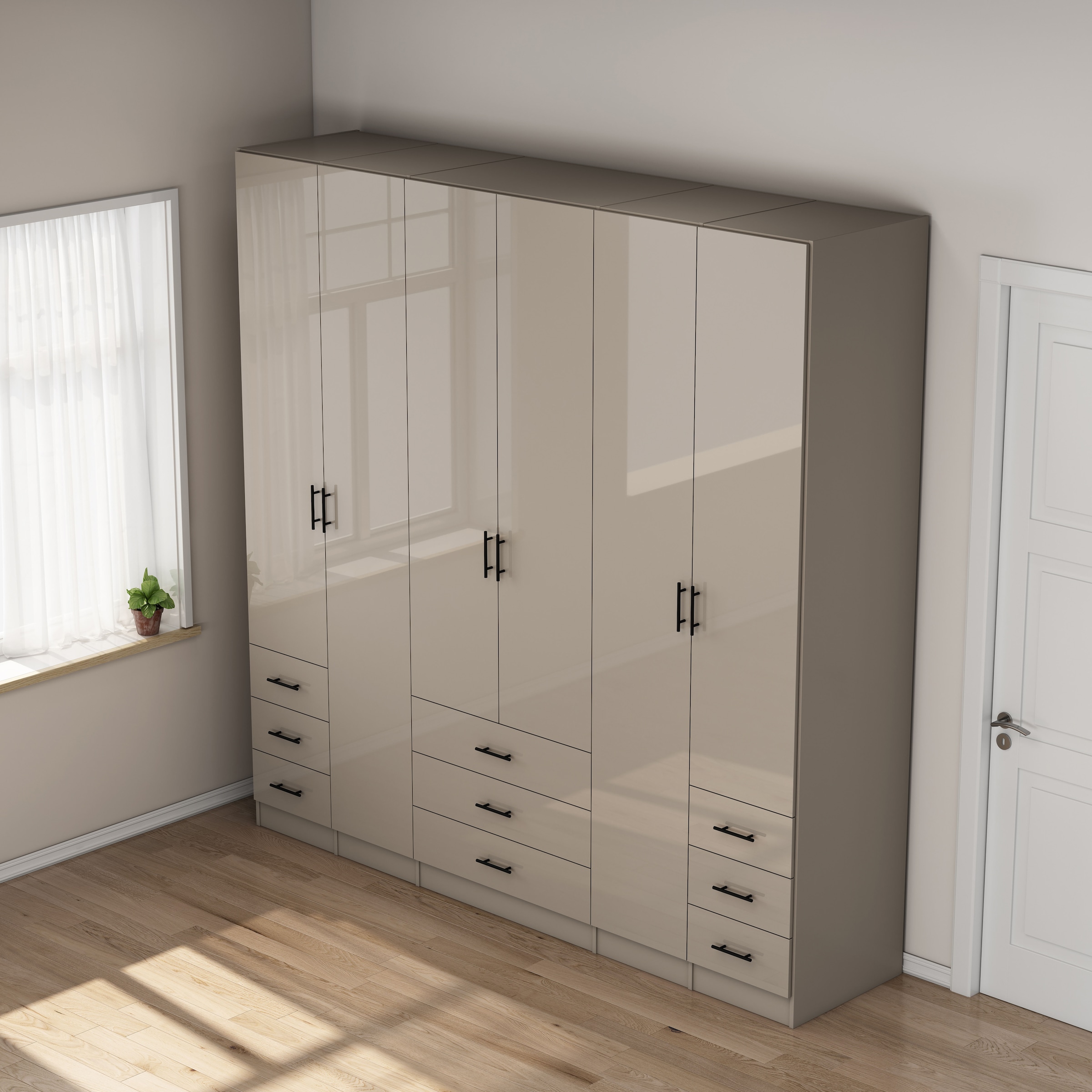 GOODproduct Armoires à vêtements »Trento Schlafzimmerschrank Garderobe hochglanz« in 2 unterschiedlichen Schrankhöhen wählbar,  Schrank mit 6 Türen und 9 Schubladen, Hochglanz-Fronten, 2,39m Höhe