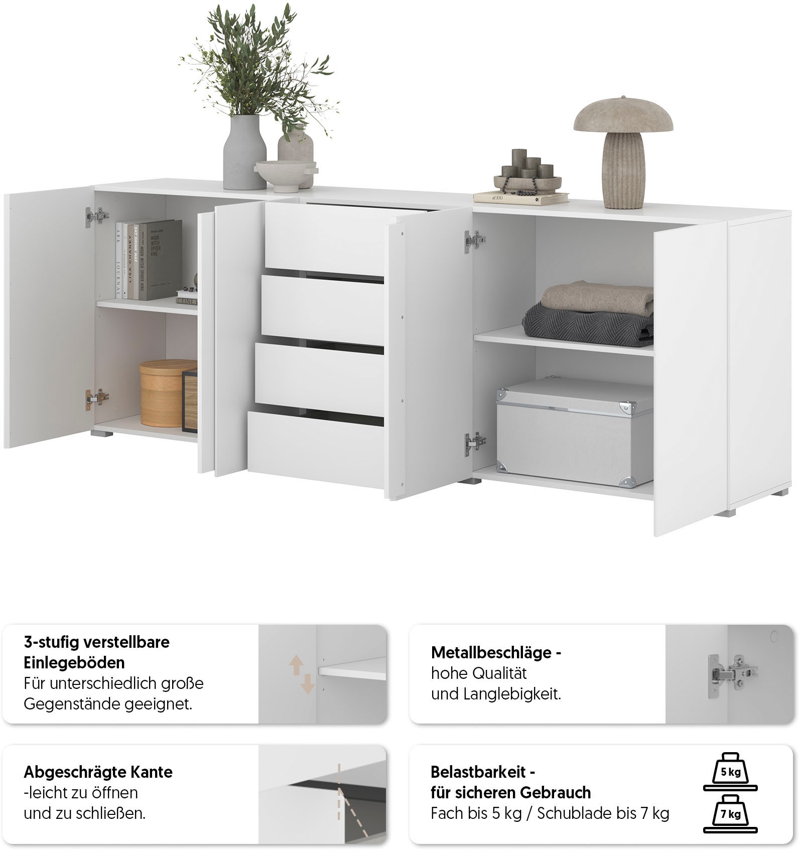 GOODproduct Sideboard »Metric,Breite 222 cm, grifflose Kommode 4 Türen/4 Schubkästen« Schubladenschrank mit viel Stauraum, Einlegeböden verstellbar