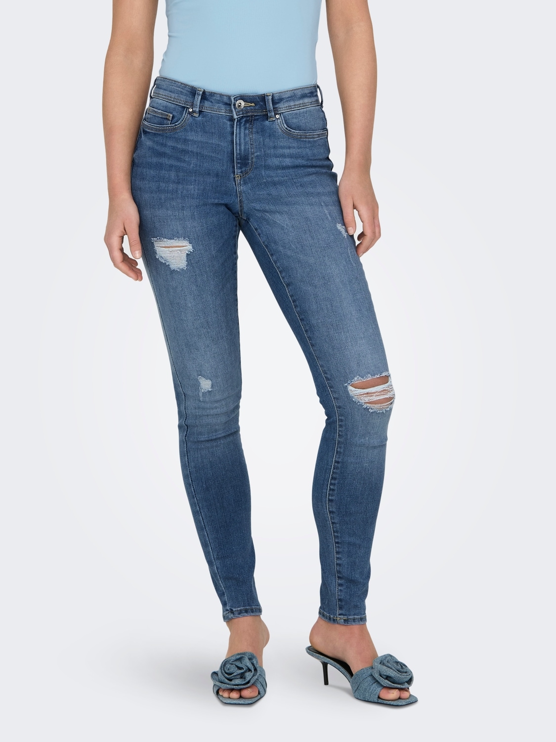 Skinny-fit-Jeans »ONLWAUW MID SK DESTROY DNM BJ210«, mit Destroyed Effekt