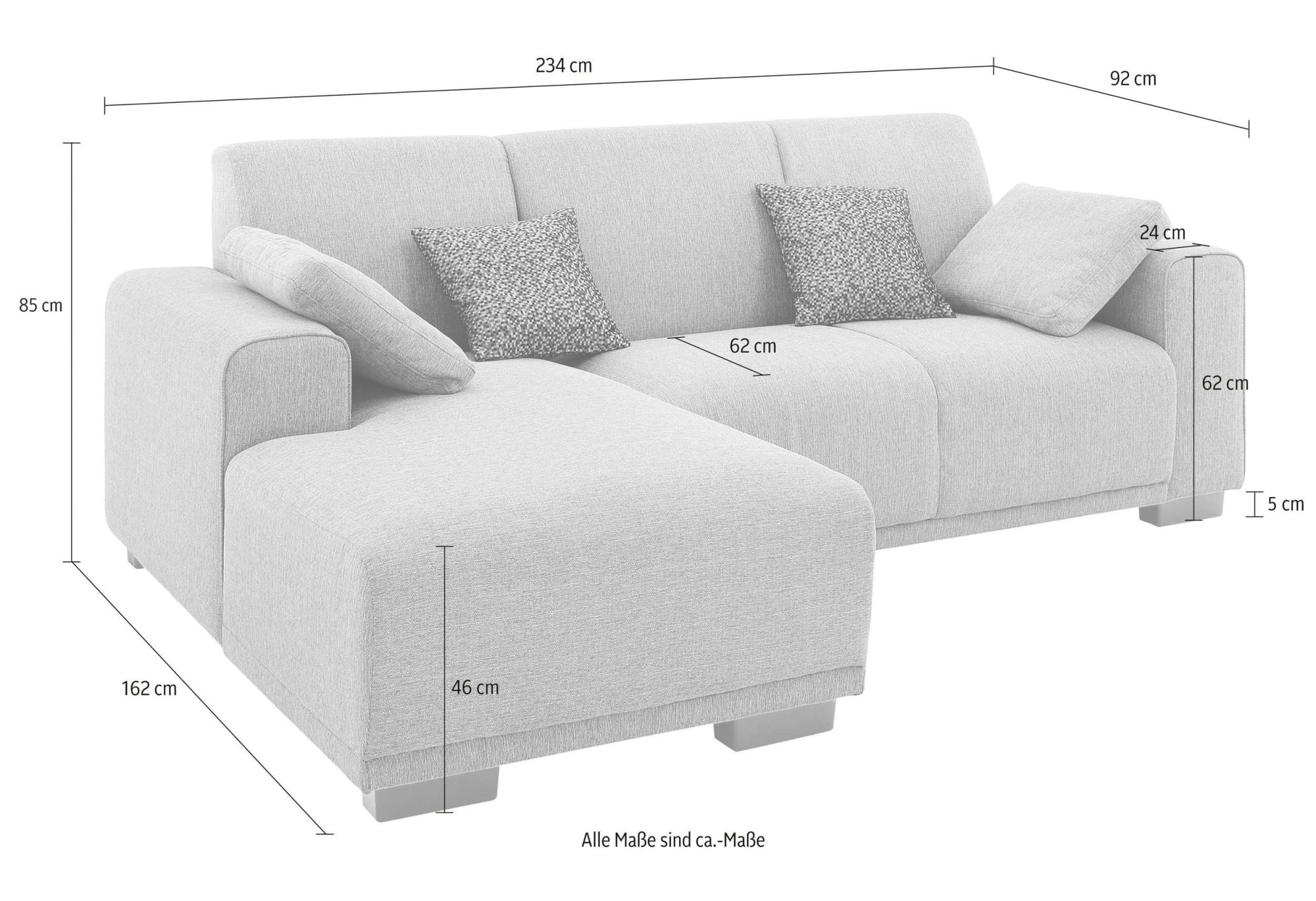 Home affaire Ecksofa »BORNHOLM L-Form mit Recamiere, Masse B/T/H: 234/162/85 cm«, Recamiere links oder rechts bestellbar, Wellenfederung, inkl. 2 Kissen