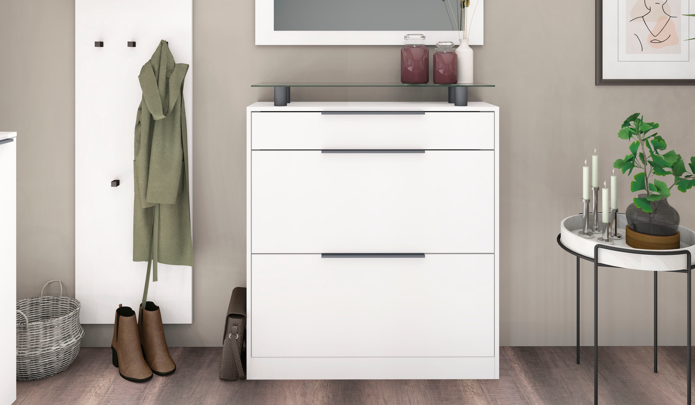 Image of borchardt Möbel Schuhschrank "Tom, Schuhkipper mit Glasablage und Metallgriffen" Mit 2 Klappen, dahinter 4 Fächer, und 1 Schubkasten