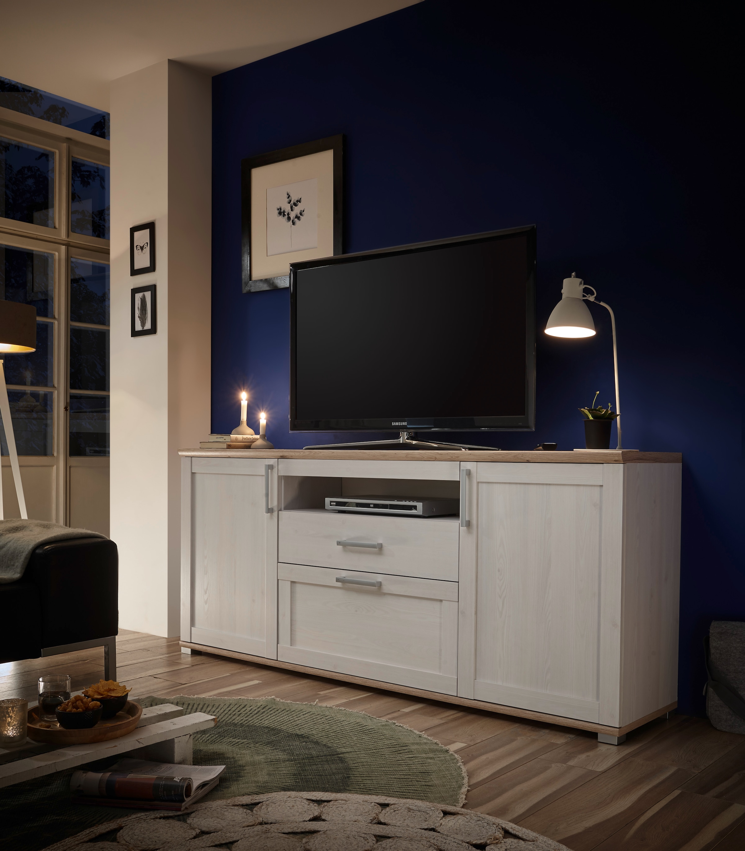 Image of HBZ Lowboard "Romance Landhaustil, TV Möbel bis 65 Zoll, BxHxT 190x82x44 cm" 1 Stk. tlg. Mit 2 Türen, 1 offenes Fach, 1 Schubkasten und 2 Einlegeböden