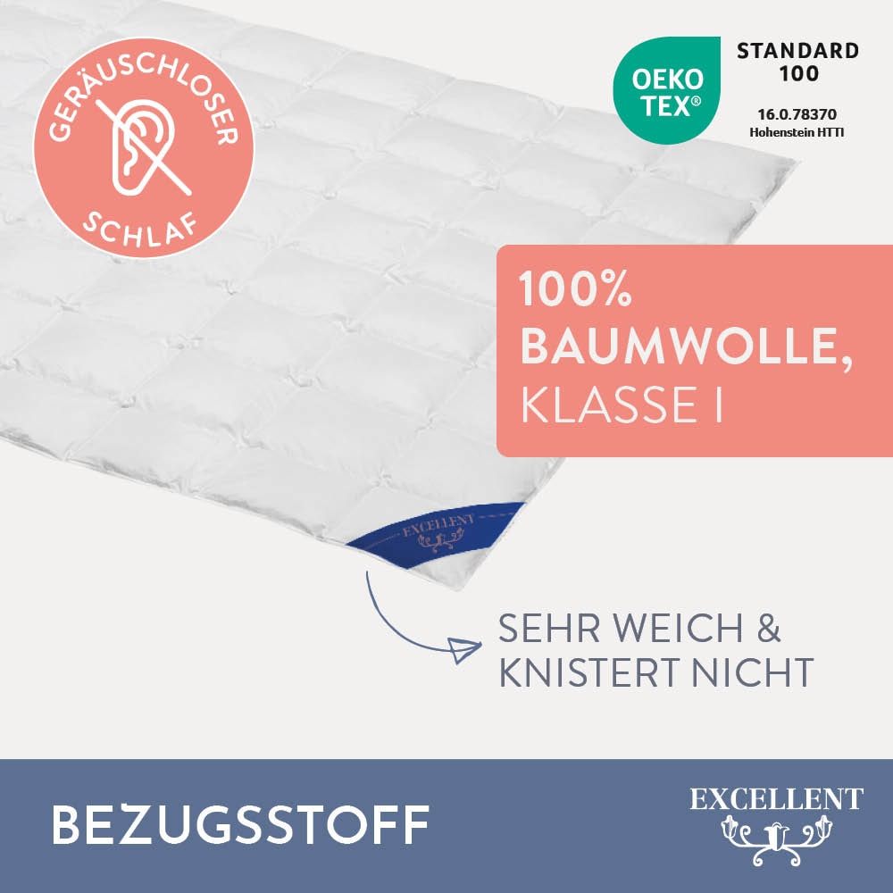 Excellent Gänsedaunenbettdecke »Davos, Bettdecken für Sommer und Winter, Decke«, leicht, Füllung 100% Gänsedaunen, Bezug 100% Baumwolle, (1 St.), Bettdecke 135x200 cm, 155x220cm und weitere Grössen, Made in Germany