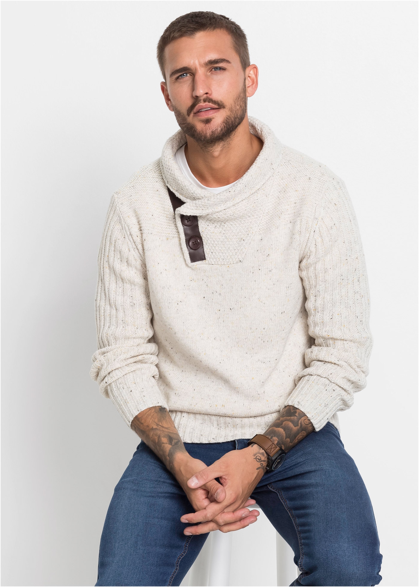 Image of bonprix Strickpullover mit Schalkragen und Knopfverschluss, Langarm