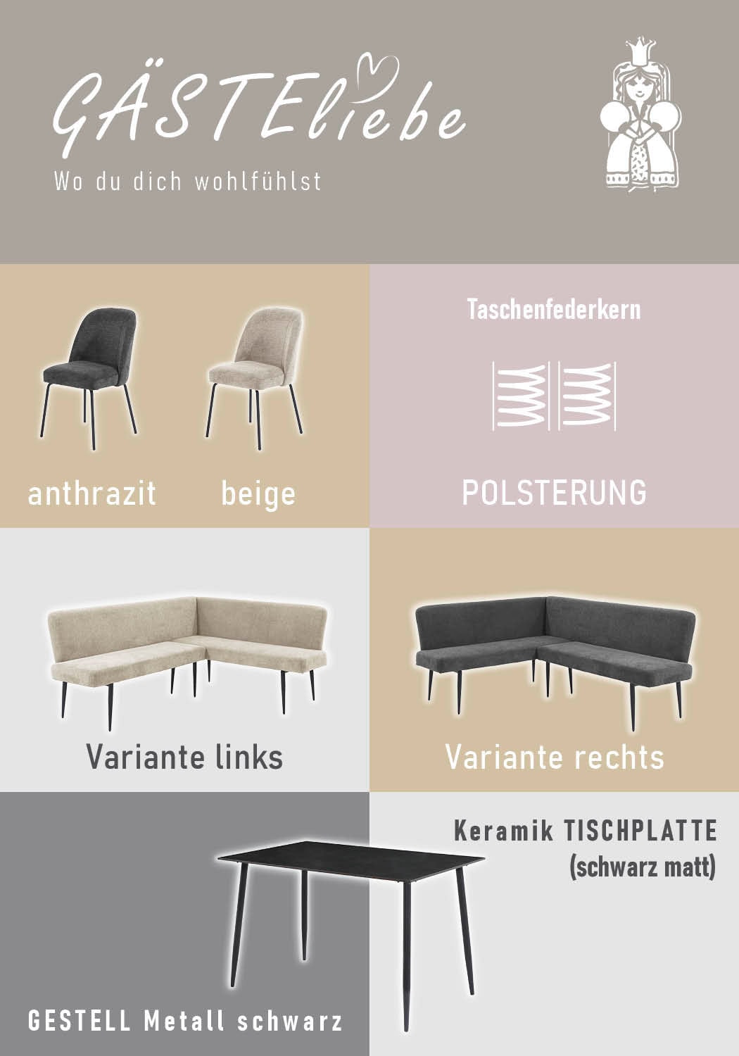 Jockenhöfer Gruppe Ensemble de bancs d'angle »Melvin (Set, 4-tlg. Tisch, Bank und 2 Stühle), Taschenfederkern« Ensemble,  Table (120x75cm) noire, banc et chaises anthracite ou beige