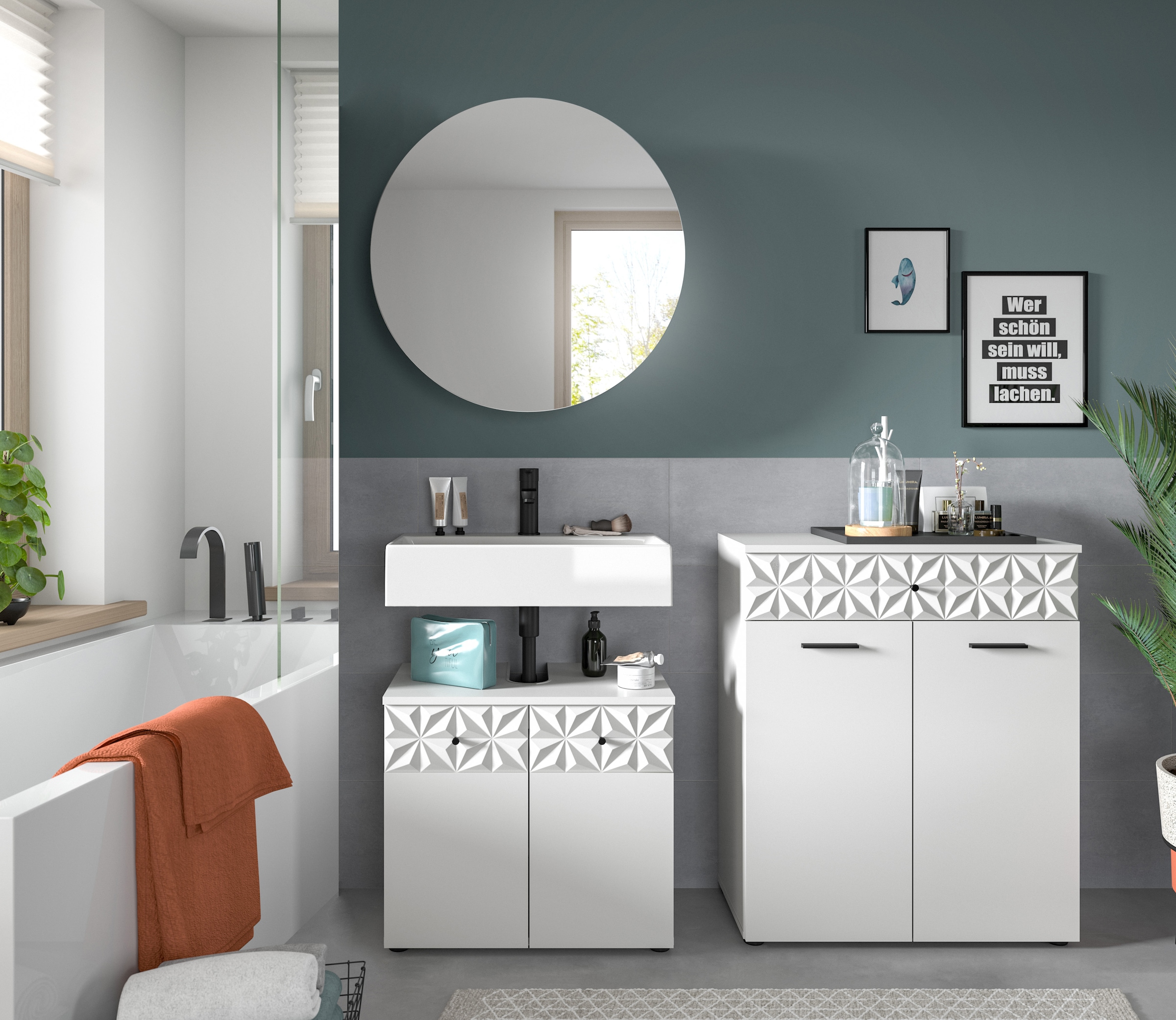 INOSIGN Ensemble de salle de bains »VICENZA, TOPSELLER!, Breite 145cm, 3-teilig, mit Ornamentabsetzung« best. aus: Waschbeckenunterschrank, Spiegelschrank und Unterschrank, 