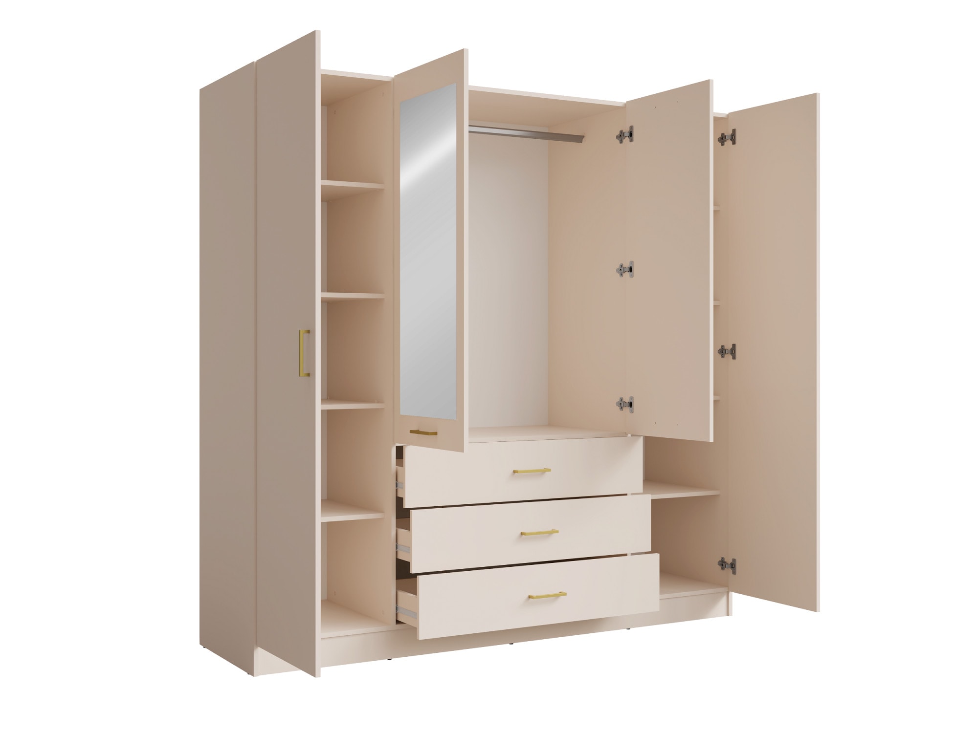 Home affaire Armoires à vêtements »KOS Garderobe mit 3 Schubladen, Kleiderstange, 8 Einlegeböden, Spiegel« Kleiderschrank mit 4 Türen, goldenen Griffen, Masse B/H/T 200/200/58 cm